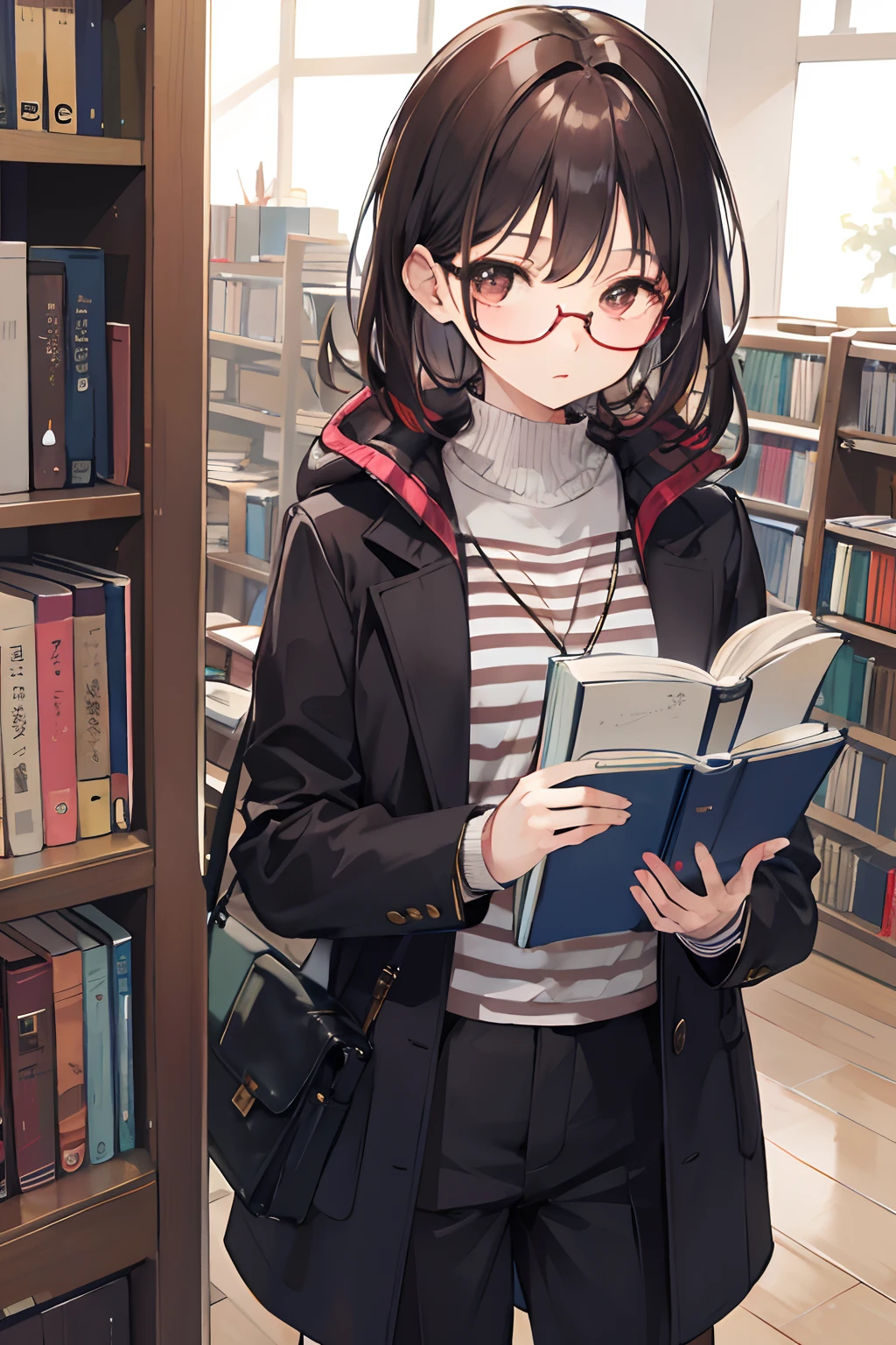 A bookworm girl, wearing glasses, wearing a striped shirt and a dark brown outerwear, black pants is bending down to pick up a book she dropped