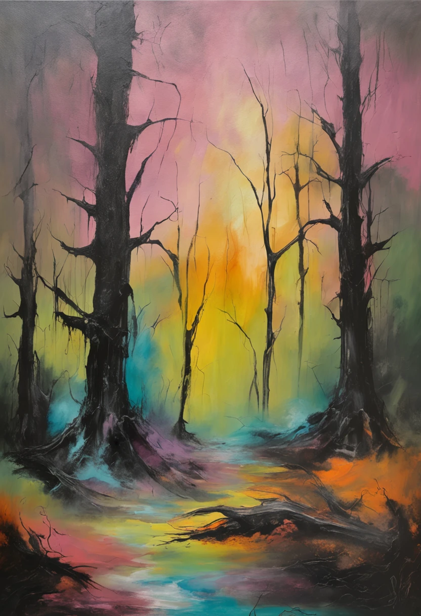 spooky forest of the damned, black tones, pastel color