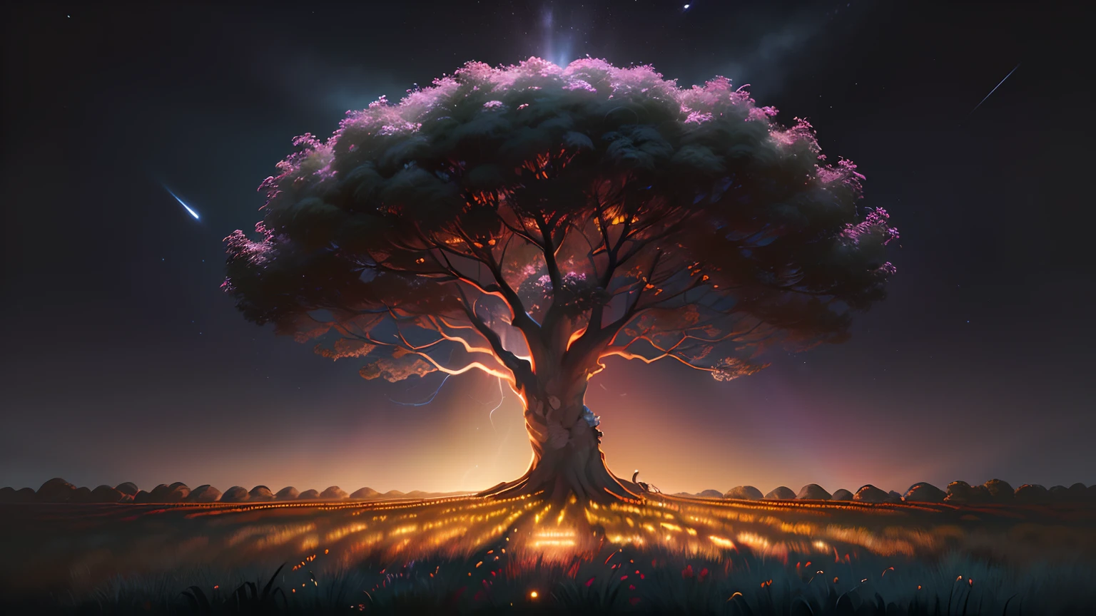 tmasterpiece，melhor qualidade，（The is very detailed的 CG unified 8k 壁纸），（melhor qualidade），（best illustration），（Melhor sombra），Bright tree，Cabana de sod，l Rios，Elementos naturais de um tema simples。Um rio misterioso，beautiful sky，natureza，cercado por flor，Shrubs and delicate branches are surrounded by fireflies（elementos da natureza），（Plains theme），（folhagem），（vaga-lume），（particle effect）e outros 3D，rendering by octane，Traching de raias，hiper-detalhado， --v6