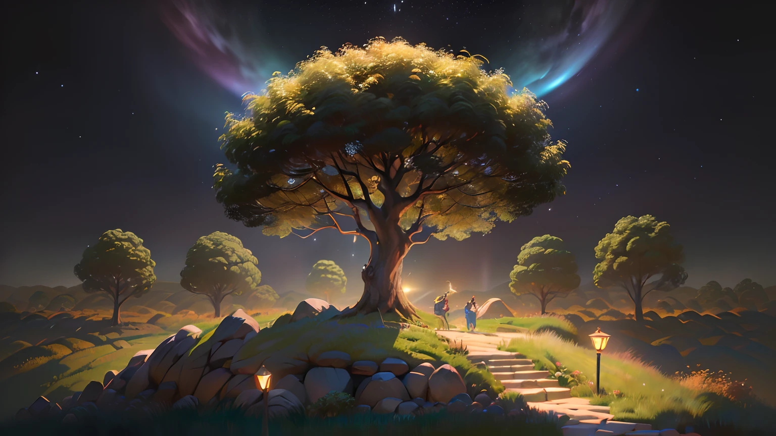 tmasterpiece，melhor qualidade，（The is very detailed的 CG unified 8k 壁纸），（melhor qualidade），（best illustration），（Melhor sombra），Bright tree，Cabana de sod，l Rios，Elementos naturais de um tema simples。Um rio misterioso，beautiful sky，natureza，cercado por flor，Shrubs and delicate branches are surrounded by fireflies（elementos da natureza），（Plains theme），（folhagem），（vaga-lume），（particle effect）e outros 3D，rendering by octane，Traching de raias，hiper-detalhado， --v6