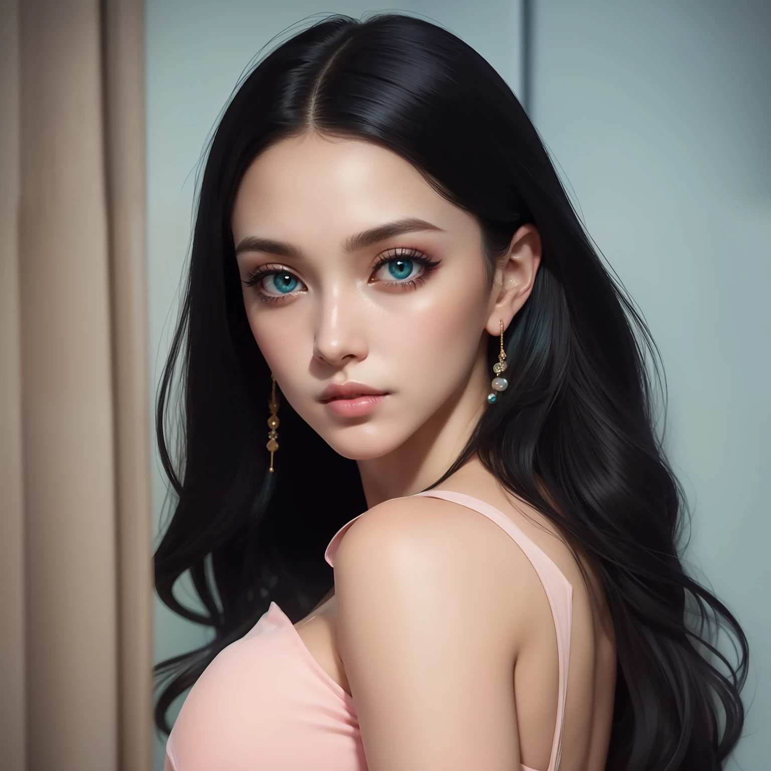 Mermaid, woman, black hairs, teal eyes, white skin, light pink lips