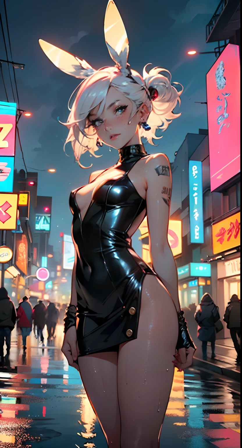 cute little bunny ,(((little lolill tiny body,petite))),(((6 years ttle bunny loli with extremelye and beautiful fuchsia hair)),(((bunny girl,anthro furry cute,bunny-girl))),(((bunny ears,bunny ears on head,big bunny ears))),
(((flat chest))),(((fuchsia hair:1.35,short fuchsia hair,colored inner hair,ear breathing,))),((heterochromia:1.5,eye1 fuchsia,eye2 pink,perfect eyes,upturned eyes:1.3,beautiful detailed eyes,finely detailed beautiful eyes:1,big highlight on eyes:1.2,slanted eyes)),(((freckles on the face,freckles,freckled girl))),(((lustrous skin:1.5,bright skin: 1.5,skin tanned,shiny skin,very shiny skin,shiny body,plastic glitter skin,exaggerated shiny skin,illuminated skin,wet legs))),(delicate detailed fingers,detailed body,detailed arms,human hands,(detailed face)),
cute,slutty,,erotic,(((nsfw))),
zettai ryouiki,revealing clothing,show skin,((rave shirt,neon colored shirt,rave mini-skirt,visible thong straps)),(wearing a rave outfit:1.3,rave clothes,semi-naked,with little clothing),((wet clothes,detailed outfit,detailed clothes)),
(dynamic pose:1.0),solo focus,embarrassed,(centered,scale to fit dimensions,Rule of thirds),
((((cyberpunk city by the ocean,neon signs,puddles)))),stormy sky,threatening sky,dark clouds,((synthwave background theme,detailed background : 1.25)),((((night,nice lighting decorations,detailed architecture)))),
(best quality,high resolution,sharp focus,ultra detailed,extremely detailed,extremely high quality artwork,(realistic,photorealistic:1.37),8k_wallpaper,(extremely detailed CG 8k),(very fine 8K CG),((hyper super ultra detailed perfect piece)),flawless,(((masterpiece))),illustration,vibrant colors,(intricate),High contrast,Selective lighting,Double exposure,HDR (High Dynamic Range),Post-processing,Background blur,colors,(intricate),High contrast,Selective lighting,Double exposure,HDR (High Dynamic Range),Post-processing,Background blur,