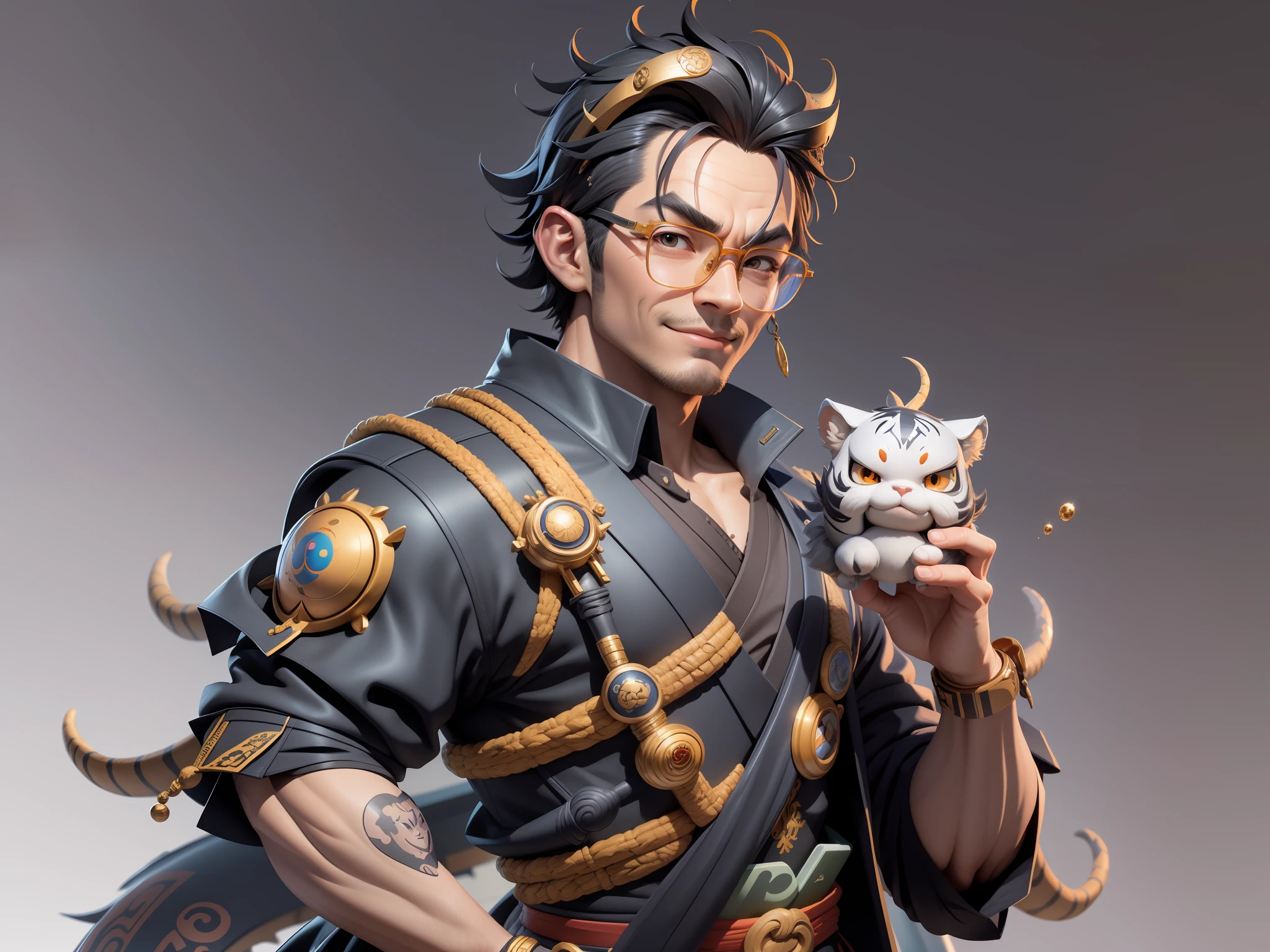 (Masterpiece), (Excellent), (Super Meticulous), (Full Body: 1.2), Super Young Man with Japanese Female Geisha, Pretty, Beautiful, Chinese Dragon, Tiger, Wind God Thor, Sexy, Bursting, Oriental Face, TV Anchor, Bust Portrait Illustration, Black Suit, Blue Tie, Slightly Chubby Face, Silver Glasses, Very Clean Face, No Beard on Chin, Black Super Short Hair, Black Eyes, Confident Smile, 3c Computer Sub-Products, iPad, iPhone, Digital Painting, 3D character design by Mark Clairedon and Pixar and Hayao Miyazaki and Akira Toriyama, the illustrations are HD illustrations in 4K resolution with highly detailed facial features and cartoon-style visuals.