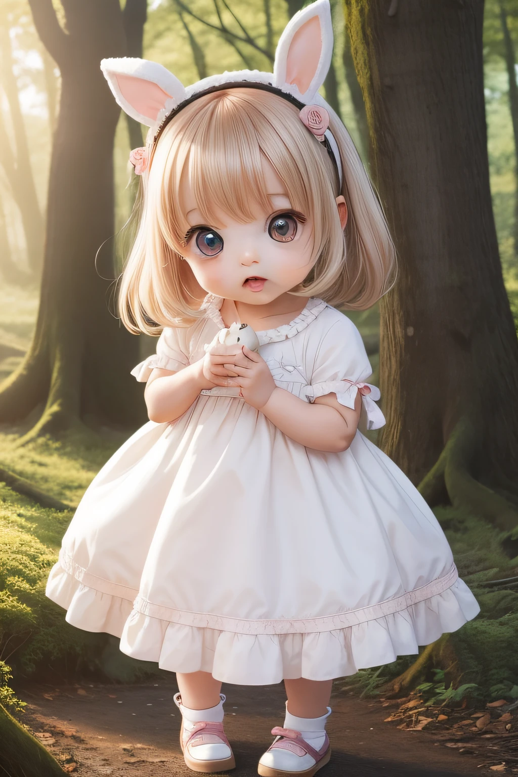 Cute Baby Chibi Anime,Cute dress、Morning light、in woods、big eye、rabbit stuffed