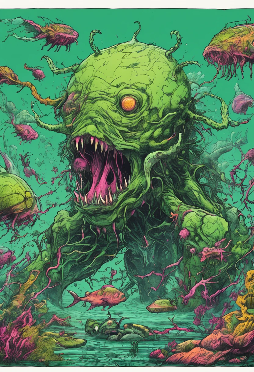 Under the shroud of nuclear contamination, Marine life around the world began to mutate, Transform into a monster form. The entire picture is covered in fluorescent green tones, Symbolizes nuclear radiation. Light shines down from the surface of the water, The bizarre shapes that illuminate these mutant creatures. The picture has a wide depth of field, The endless ocean is filled with the figures of these monsters, Form a big picture.,Kunxing Magazine,