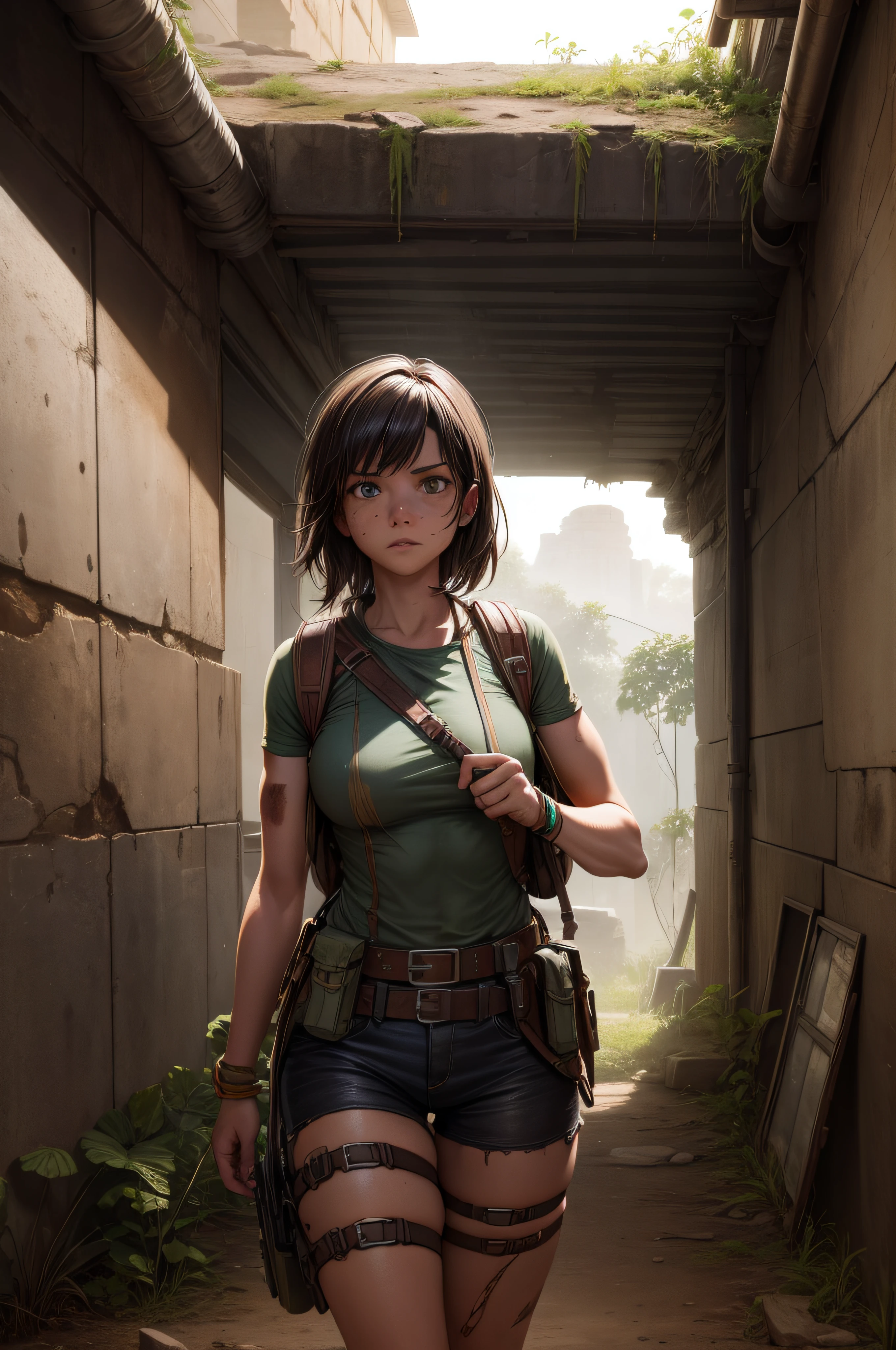 1 woman, adventurer, action character, ancient dangerous ruins, dusty, vegetation, indoor, surprised, hot weather, backpack, gadgets belt, armed, bruises, dirty clothes, torn clothes