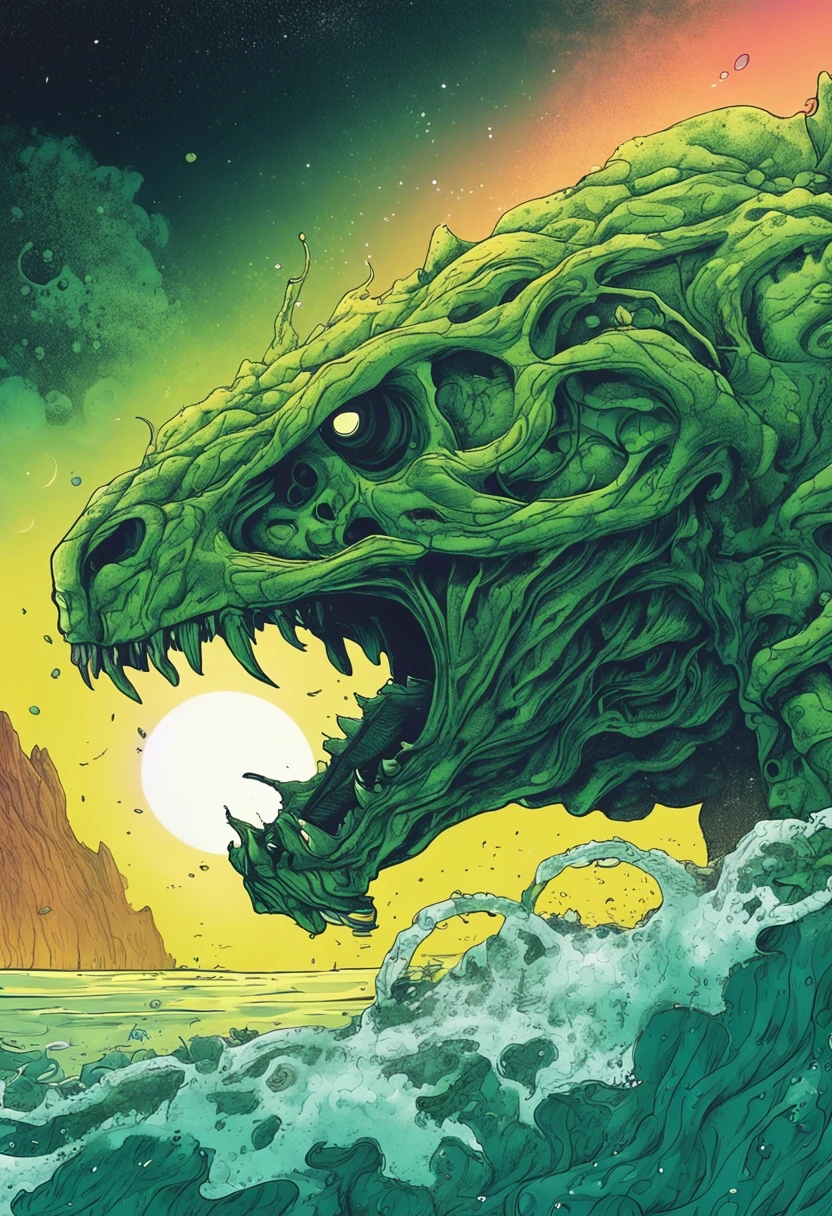 Under the shroud of nuclear contamination, Marine life around the world began to mutate, Transform into a monster form. The entire picture is covered in fluorescent green tones, Symbolizes nuclear radiation. Light shines down from the surface of the water, The bizarre shapes that illuminate these mutant creatures. The picture has a wide depth of field, The endless ocean is filled with the figures of these monsters, Form a big picture.,Kunxing Magazine,