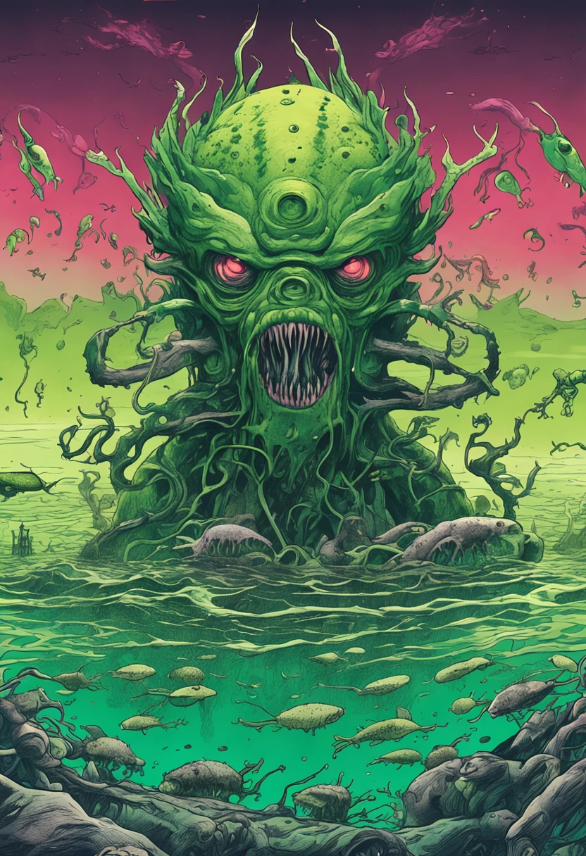 Under the shroud of nuclear contamination, Marine life around the world began to mutate, Transform into a monster form. The entire picture is covered in fluorescent green tones, Symbolizes nuclear radiation. Light shines down from the surface of the water, The bizarre shapes that illuminate these mutant creatures. The picture has a wide depth of field, The endless ocean is filled with the figures of these monsters, Form a big picture.,Kunxing Magazine,