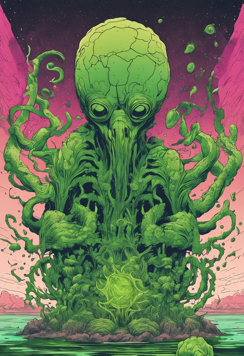 Under the shroud of nuclear contamination, Marine life around the world began to mutate, Transform into a monster form. The entire picture is covered in fluorescent green tones, Symbolizes nuclear radiation. Light shines down from the surface of the water, The bizarre shapes that illuminate these mutant creatures. The picture has a wide depth of field, The endless ocean is filled with the figures of these monsters, Form a big picture.,Kunxing Magazine,