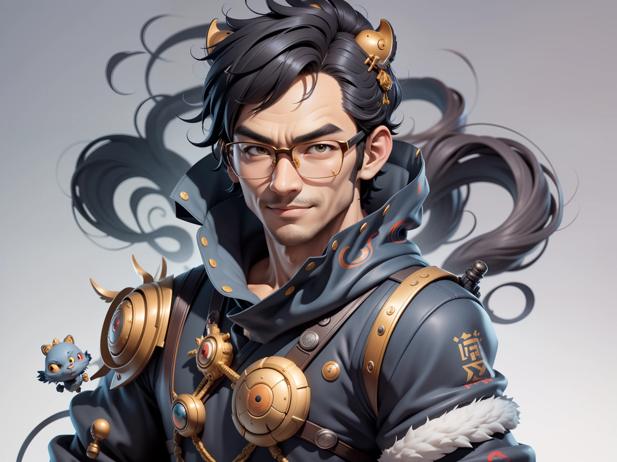 (Masterpiece), (Excellent), (Super Meticulous), (Full Body: 1.2), Super Young Man with Japanese Female Geisha, Pretty, Beautiful, Chinese Dragon, Tiger, Wind God Thor, Sexy, Bursting, Oriental Face, TV Anchor, Bust Portrait Illustration, Black Suit, Blue Tie, Slightly Chubby Face, Silver Glasses, Very Clean Face, No Beard on Chin, Black Super Short Hair, Black Eyes, Confident Smile, 3c Computer Sub-Products, iPad, iPhone, Digital Painting, 3D character design by Mark Clairedon and Pixar and Hayao Miyazaki and Akira Toriyama, the illustrations are HD illustrations in 4K resolution with highly detailed facial features and cartoon-style visuals.
