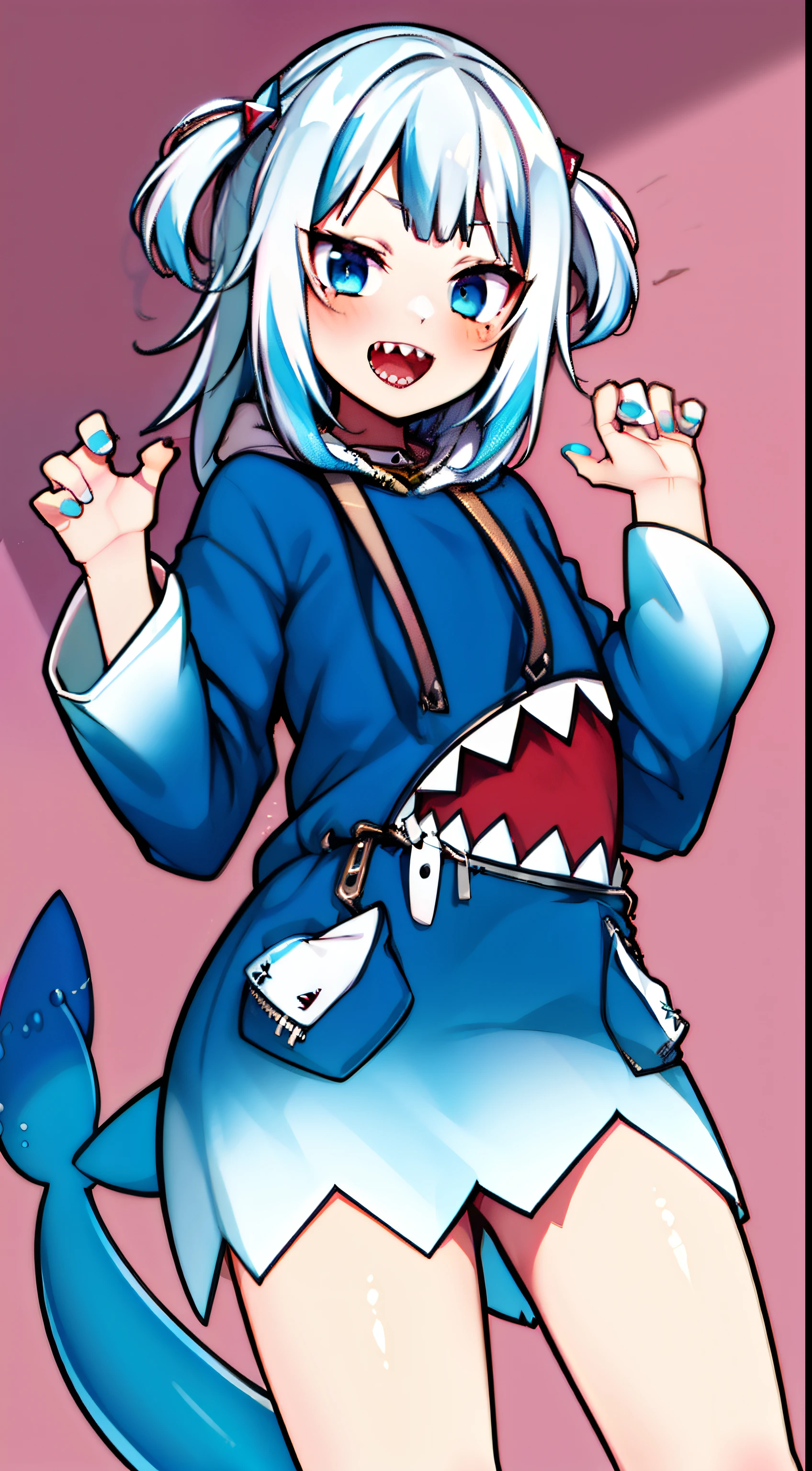2D, masterpiece, top-quality, animesque, ighly detailed, full bodyesbian, 1girl in, 独奏, gura_hoodie, Blue Hoodie, two side up, shark hair ornament, sharpteeth, :d, Shark tail, bare-legged, Mare