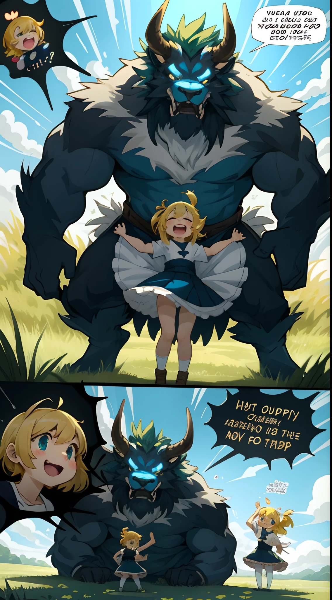 top quality, best quality, highres, masterpiece, super high resolution, detailed background, grass field, under refreshing blue sky, height difference, large beast, smile, hugs girl((movie of a beast and human girl))girl hugs beast, dress skirt, smile, open mouth, happy, joyful absurdres(highly detailed beautiful face and eyes)perfect anatomy, good lighting, cinematic shadow, assorted expressions, assorted poses, assorted angles, full body, upper shot, dynamic angle(girls comic-like panel layouts, speech balloon, English text, Hand-drawn sound effects stickers used in girls comic),