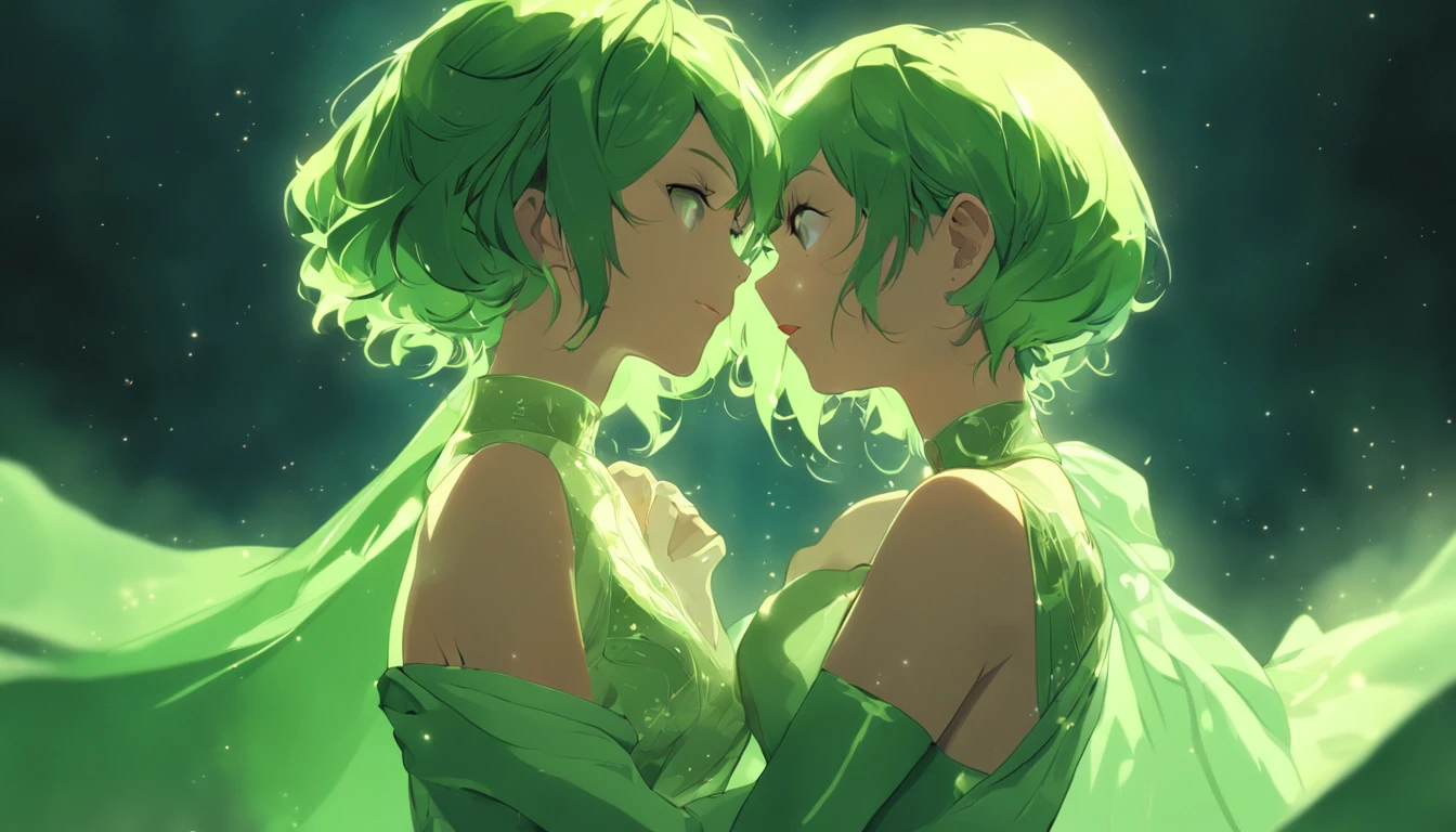 Sexy lesbian couple make, Passionate, chies, making love, wedding, Green Satin Long Gloves, Green Wedding Dresses, Green shorthair, lipsticks, the kiss, bride, Green Pearl Necklace, Green Bride, lesbian