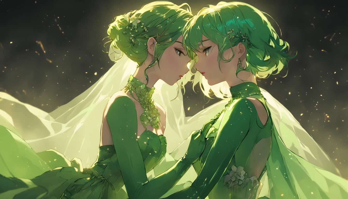 Sexy lesbian couple make, Passionate, chies, making love, wedding, Green Satin Long Gloves, Green Wedding Dresses, Green shorthair, lipsticks, the kiss, bride, Green Pearl Necklace, Green Bride, lesbian