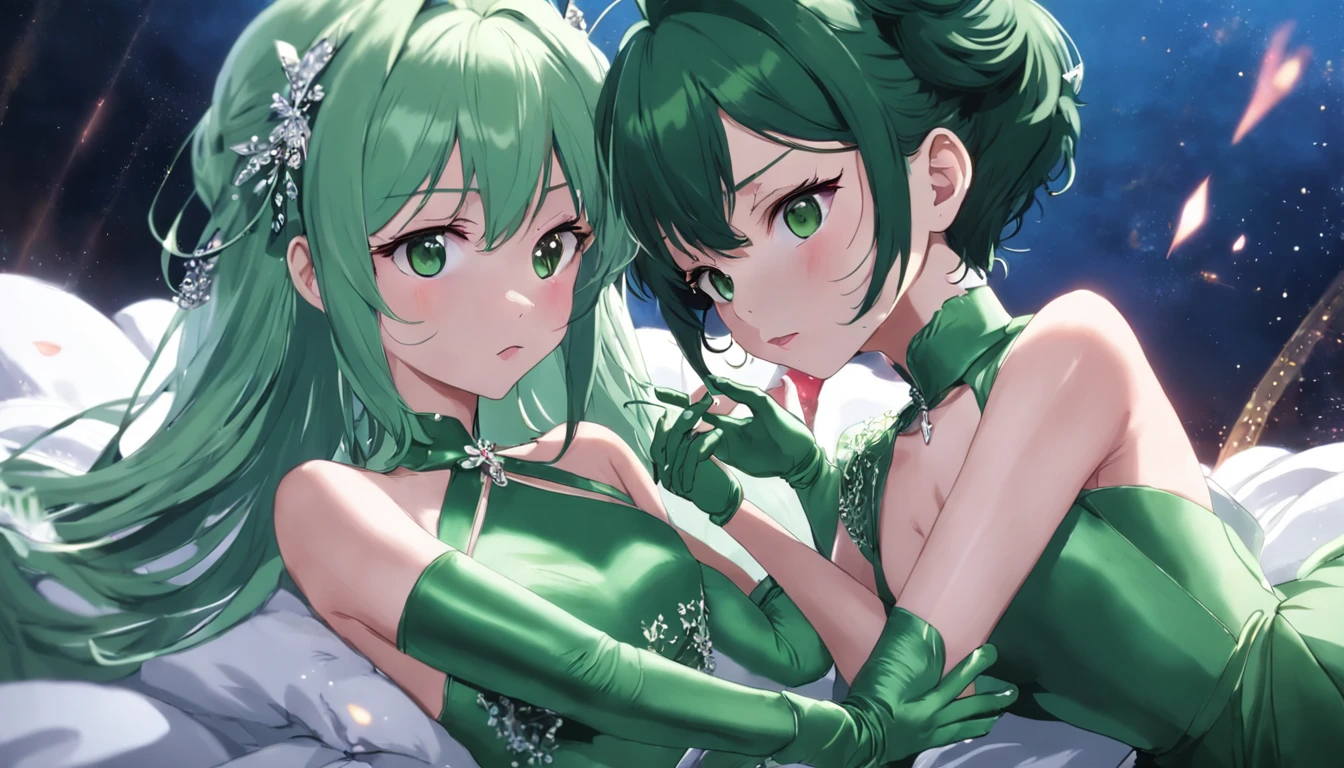 emerald tiara, Green Pearl Necklace, Boyish very short green hair, lipsticks, Japan woman smiling, very short short hair, big breasts beautiful, Green eyes, Long green gloves made of satin material, Green eyes, Emerald Earrings, green vale, Heart with both hands