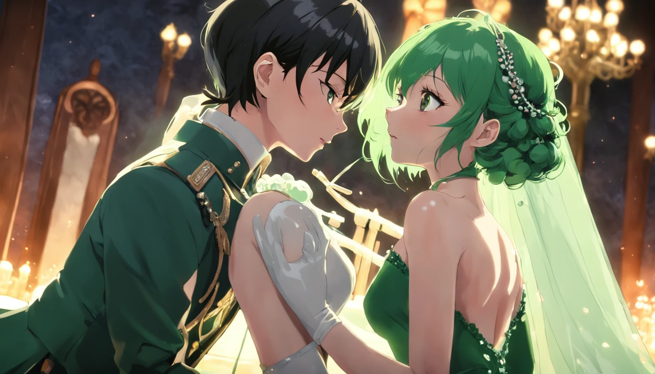 Sexy lesbian couple make, Passionate, chies, making love, wedding, Green Satin Long Gloves, Green Wedding Dresses, Green shorthair, lipsticks, the kiss, bride, Green Pearl Necklace, Green Bride, lesbian