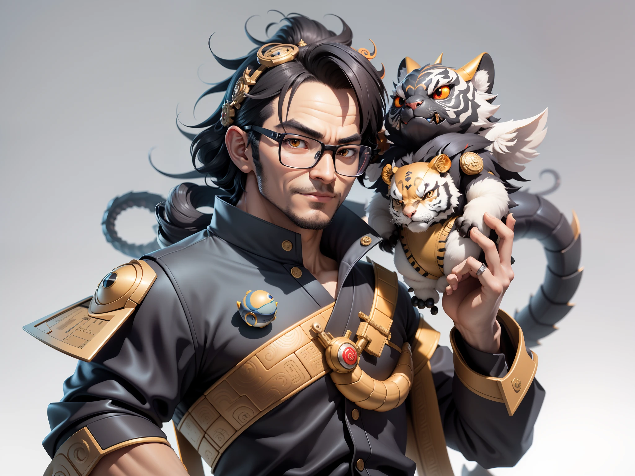 (Masterpiece), (Excellent), (Super Meticulous), (Full Body: 1.2), Super Young Man with Japanese Female Geisha, Pretty, Beautiful, Chinese Dragon, Tiger, Wind God Thor, Sexy, Bursting, Oriental Face, TV Anchor, Bust Portrait Illustration, Black Suit, Blue Tie, Slightly Chubby Face, Silver Glasses, Very Clean Face, No Beard on Chin, Black Super Short Hair, Black Eyes, Confident Smile, 3c Computer Sub-Products, iPad, iPhone, Digital Painting, 3D character design by Mark Clairedon and Pixar and Hayao Miyazaki and Akira Toriyama, the illustrations are HD illustrations in 4K resolution with highly detailed facial features and cartoon-style visuals.