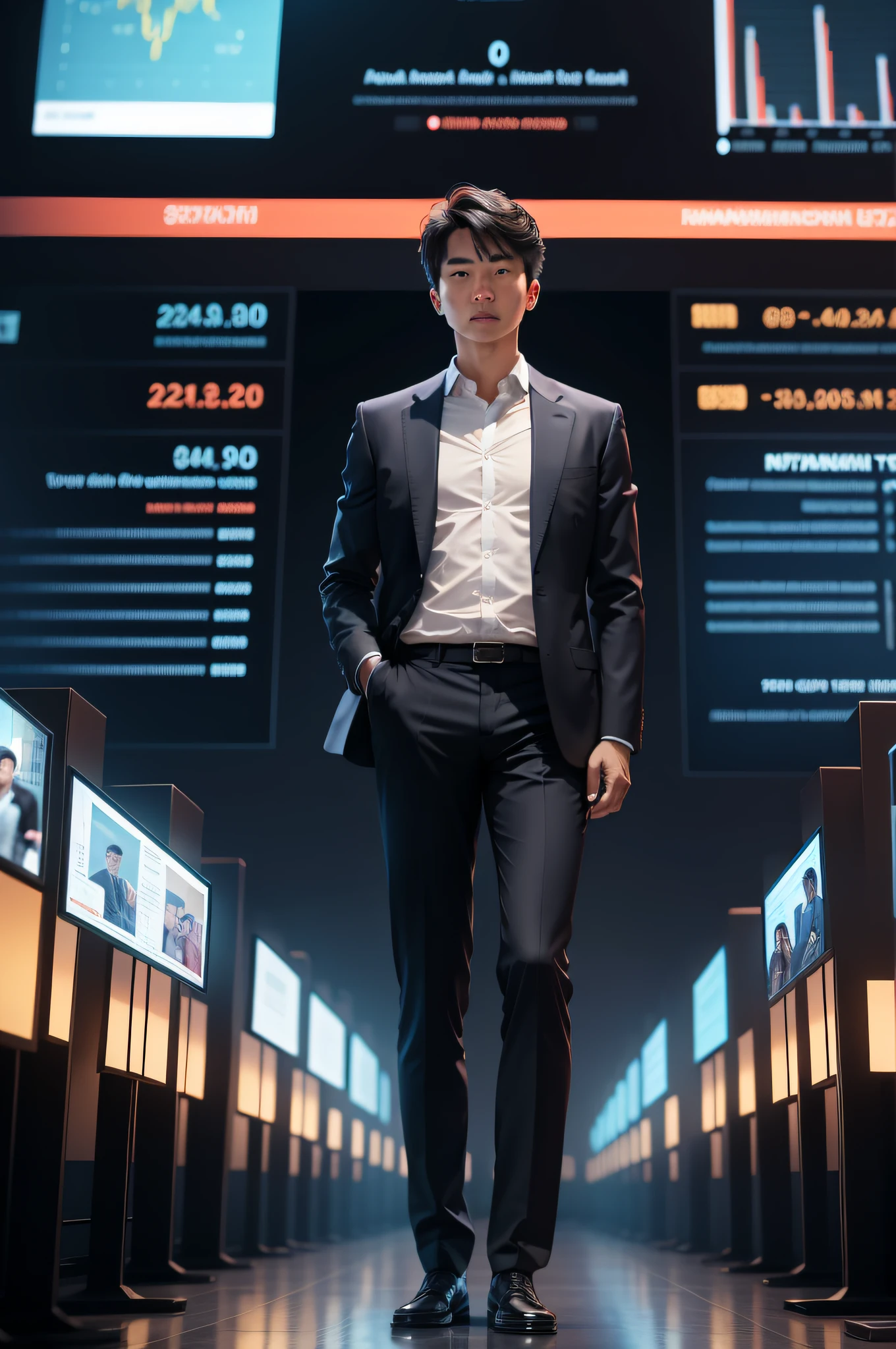 An individual standing in front of a large screen projecting images of success, wealth, and achievement, illustrating the power of visualization and intention in shaping financial outcomes.
