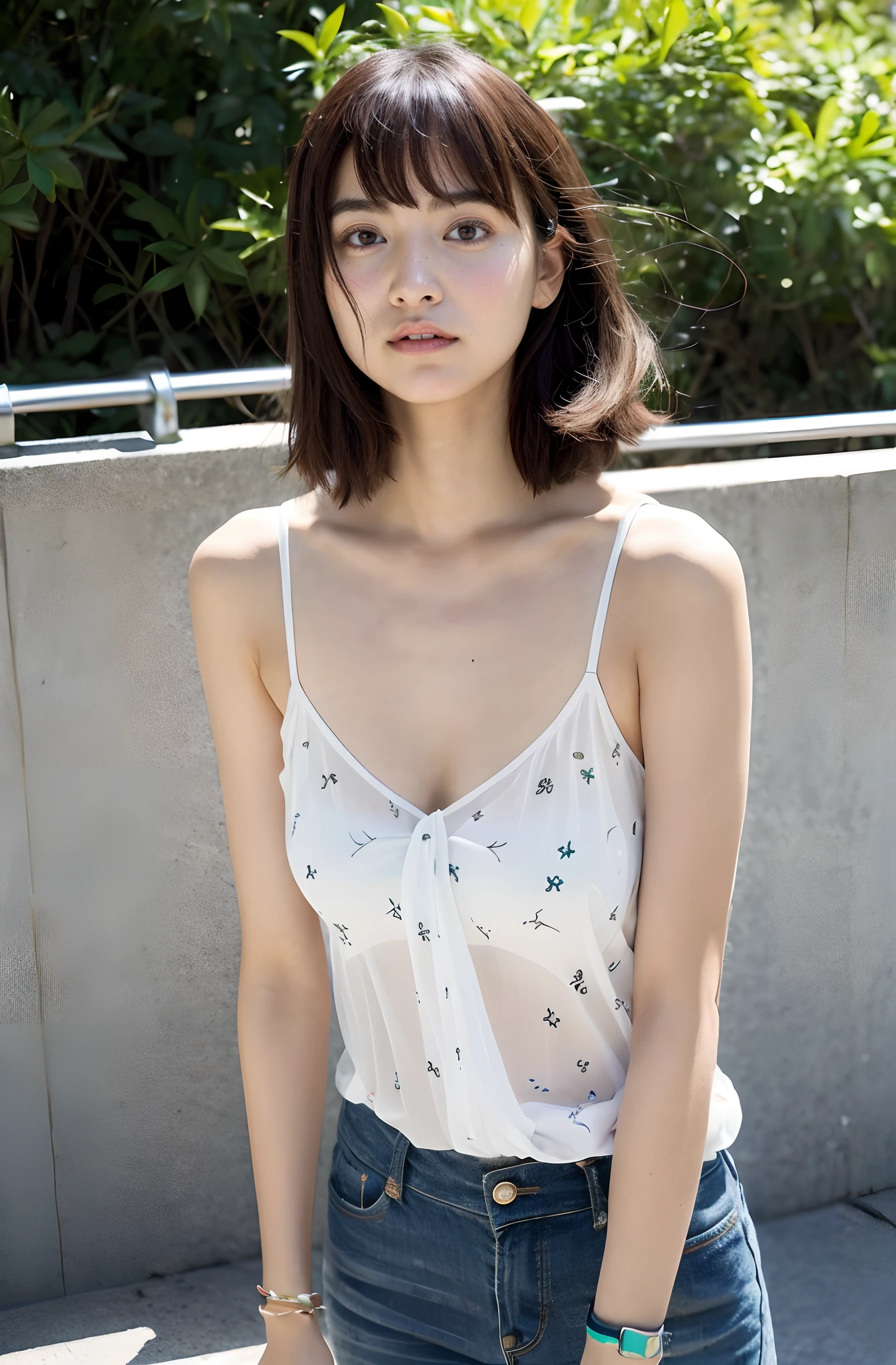 8K、top-quality、masterpiece、超A high resolution、photo-like、SLR、beautiful japanese female、Elegance、There is a good、cute face、Gentle face、Beauty of the wind、Bring out your forehead、Put your ears out、eyebrows are thin and thin,,,,,,、Moist beauty、short-cut、Keep your bangs neat and tidy、The eyes are far away、Transparent atmosphere、Beautiful face、Raised corners of the mouth、drooing eyes、Tanuki face、wrist watch、a necklace、A bracelet、Gradient lighting、Drop long bangs to the side、girl with、Delicate skin、Look into the distance、Brown-eyed、up chest、the shape of the chest is clear,,,,,,,,,,,,,,,,,,,,,,,,,,、very very gigantic boobs、Very big breasts、Sheer clothing、Sheer skin、Raw photography、pureerosface、white clothes、Floral High Split Dress、with floral pattern、Square neck、frilld、High Split、shirring、Supermini、Onepiece、Sleeveless、no sleeves、Sexy clothes、morning、Futomo、kne、Laugh、large full breasts、Hair swaying in the wind、facing back、sideways Facing、Looking back here、Turn your upper body towards yourself、full body Esbian、Put your butt on the guardrail、Sit on the guardrail、guardrail、Sit lightly on the guardrail、Leaning on guardrails、sandal、Squatting posture、tokyo streets、The sky is beautiful、Light shines on the chest、