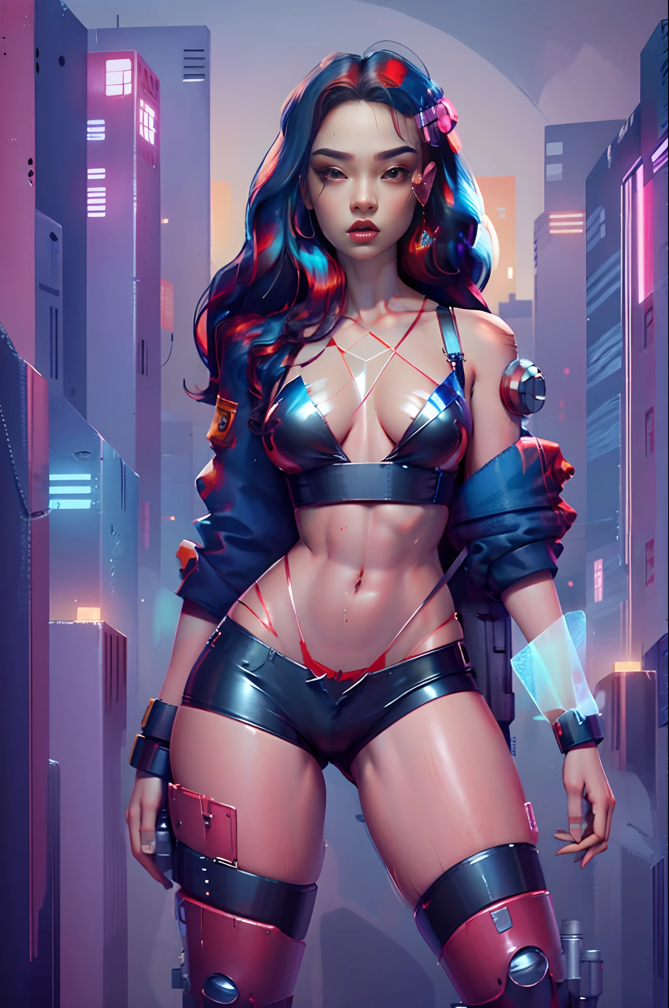 Beautiful girl in cyberpunk scene with medium breasts, very long hair, (see-through, lower breasts), full body view, seeing camera, background full of fog.