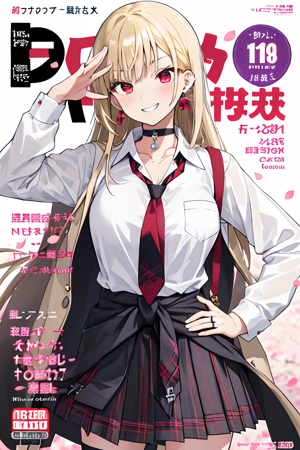 masutepiece, Best Quality,  Full body,Salute,put hands on the hip,
1girl in, Bangs, Black Choker, black necktie, Blonde hair, Blue skirt, blush, Bracelet, breasts, Choker, clothes around waist, 鎖骨, Collared shirt, Cowboy Shot, dress shirts, ear piercings, eyebrows visible through hair, Gradient Hair, grin, gals, Jewelry, Kogal, Long hair, Looking at Viewer, loose necktie, neck tie, Piercing, Plaid, plaid skirts, Pleated skirt, Red Eyes, Ring, School uniform, Shirt, Skirt, Smile, Solo, White shirt,
Street, skyporn, cherryblossom, flower petals,Illustration, (magazine:1.3), (cover-style:1.3), Fashionable, Woman, Vibrant, outfit, Posing, front, Colorful, Dynamic, Background,  element in, which are full of confidence, expression, Holding, statement, accessory, An majestic, coiled, Around, Touch, Scene, Text, cover, Bold, captures the attention, titles, Stylish, Font, Catchy, headline, Larger, striking, Modern, Trendy, Focus, Fashion,Scattered beast bones Spires, red crystals, and steel wheels If you move, the wind If you stop, the sky The sound of spears fills the void