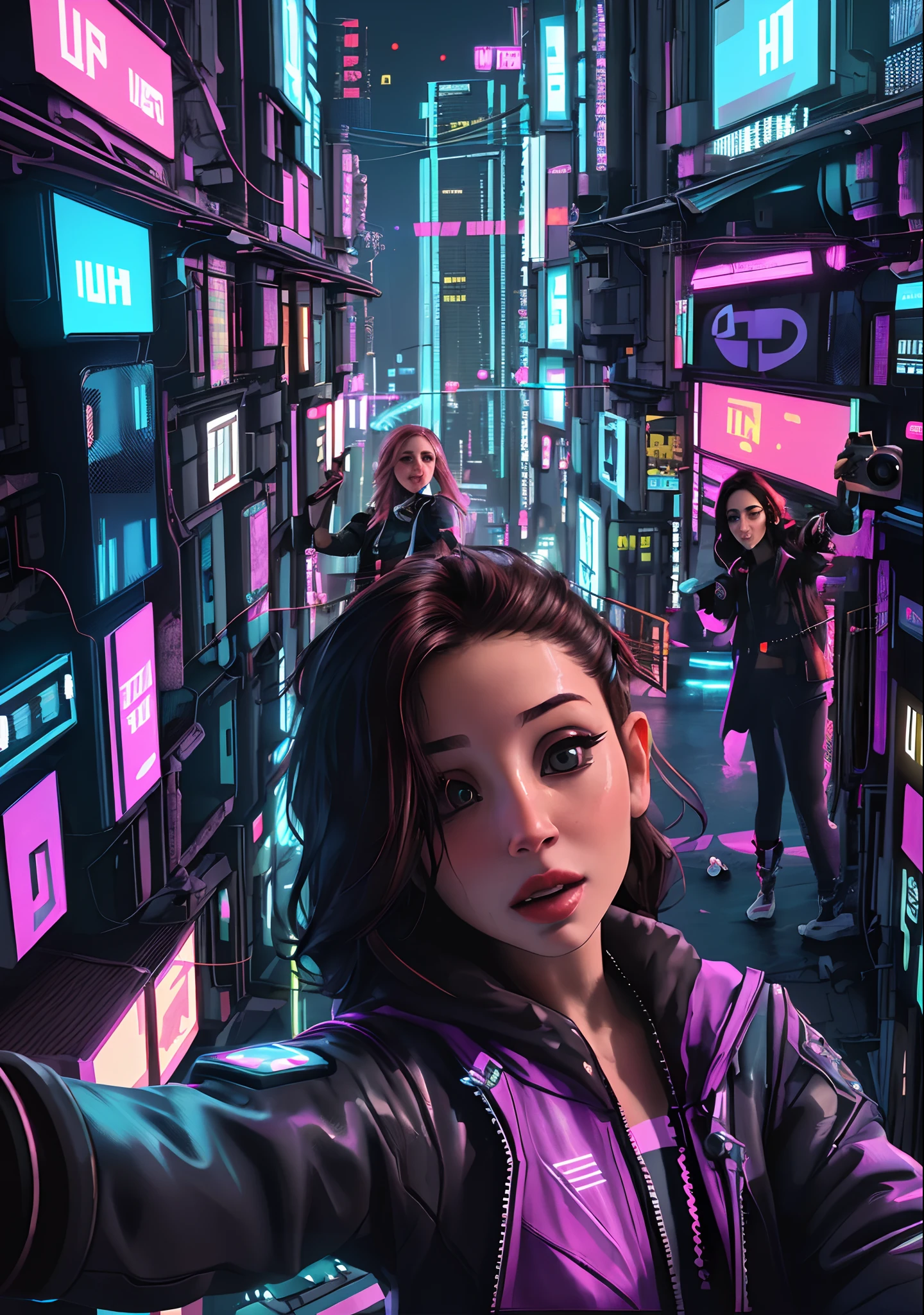 analog style, model shoot style, ((selfie:1.8)) of a girl, (1girl, young girl), (cyberpunk:1.8, cyberpunk city background:1.8), (long multicolored hair:1.4, pale skin:1.5), (from above:1.2),
((pretty face: 1.7, perfect face:1.5)), (best quality:1.5, hyperrealistic:1.5, photorealistic:1.4, Madly detailed CG unity 8k wallpaper:1.5,
masterpiece:1.3, Madly detailed photo:1.2), (hyper-realistic lifelike texture:1.4, realistic eyes:1.2), (octane render, unreal engine 5),
(ecstasy of light and shadow:1.5, deep shadow:1.5), (sony a7, 50 mm, film grain:1.5, 4K UHD HDR),
(photo by lee jeffries, Greg Rutkowski and Magali Villanueva)
