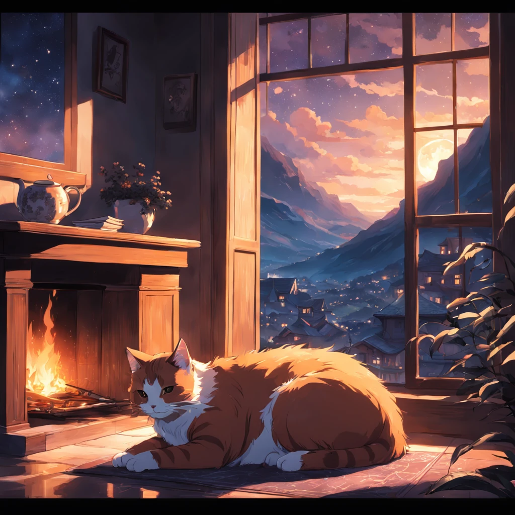 fireplace at the end of the night, cat sleeping, cup of tea with steam, window with beautiful landscape