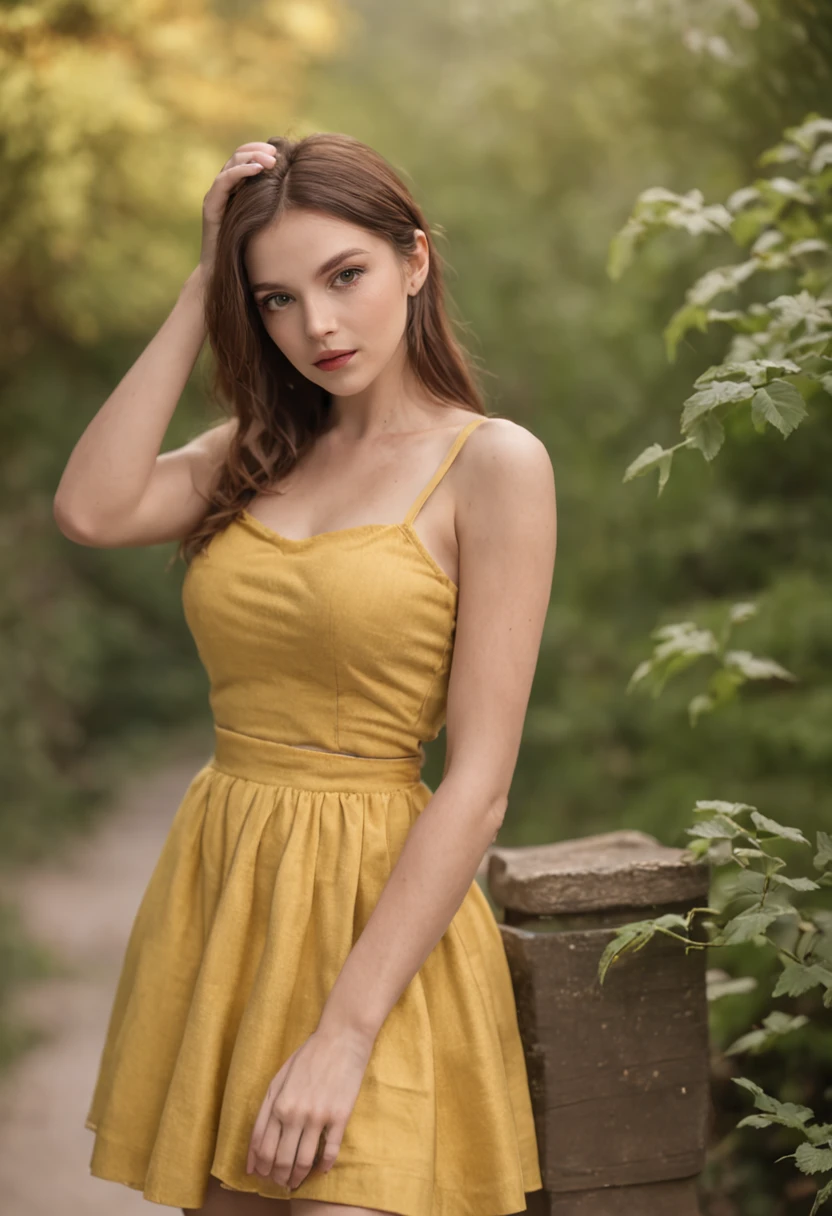 1 girl, hair bun, beautiful girl, mmTD burmese patterned traditional dress, yellow dress, outdoor, perfect light, masterpiece, best quality, ultra detailed, cinematic feels, looking at the viewer, 8k, RAW photo, realistic, photo realistic, intricately detailed, UHD, full HD, ultra resolution