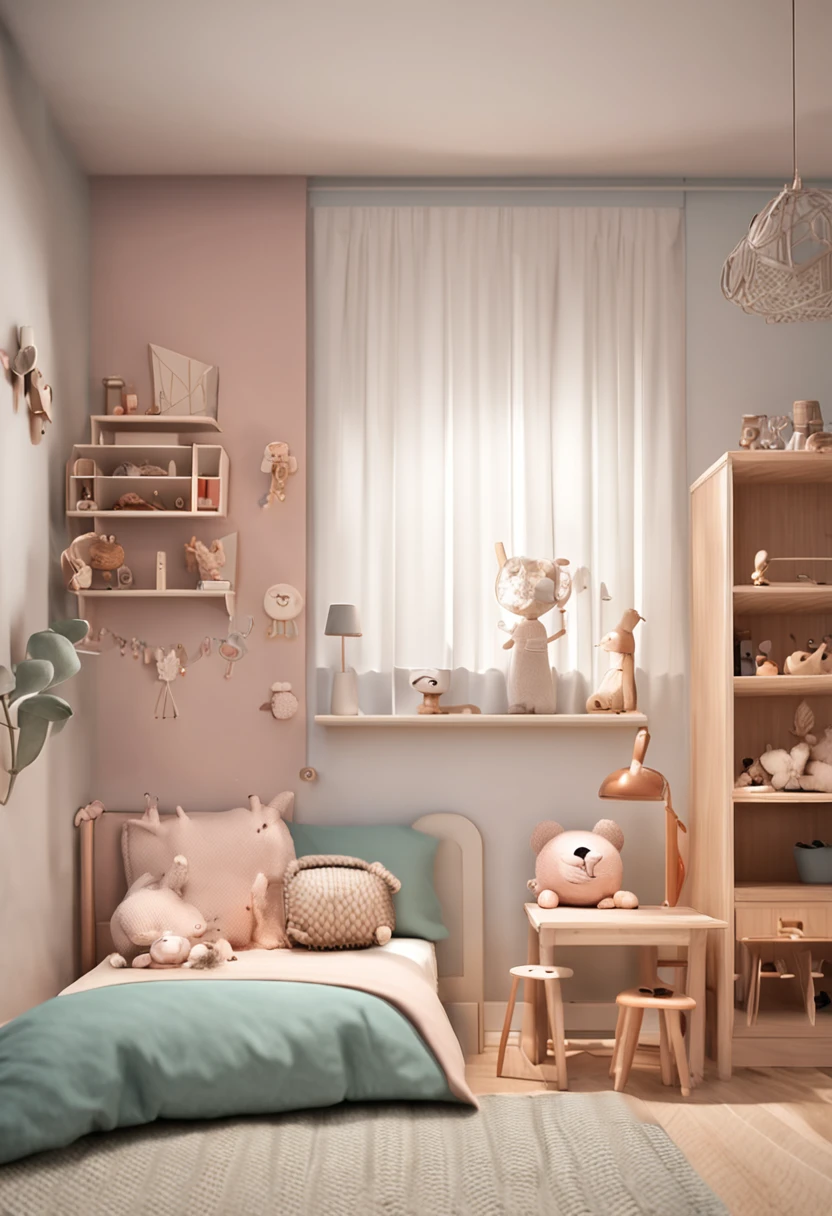 Interesting,Formal corner,scandinavian style,childs room,decor wall,woven,wooden,plushies,Peculiar decoration,intriguing patterns,Soft color grading,Bright décor,ikea,downy,warmly lit,shenzhen,in the afternoon,cheerfulness,boyish sense,modern day,4K