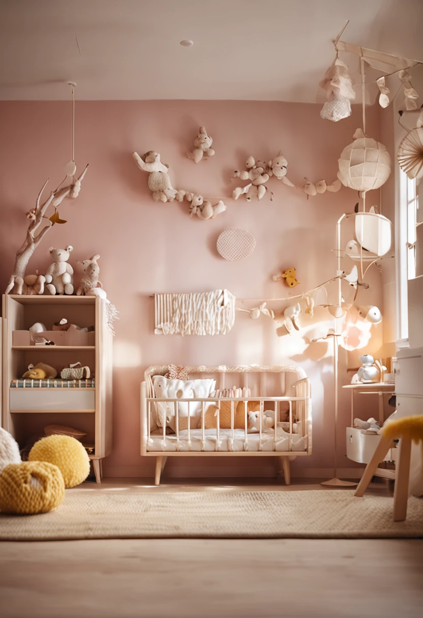 Interesting，Formal corner，scandinavian style，childs room，decor wall，woven，wooden，plushies，Peculiar decoration，intriguing patterns，Soft color grading，Bright décor，ikea，downy，warmly lit，shenzhen，in the afternoon，cheerfulness，boyish sense，modern day，4K