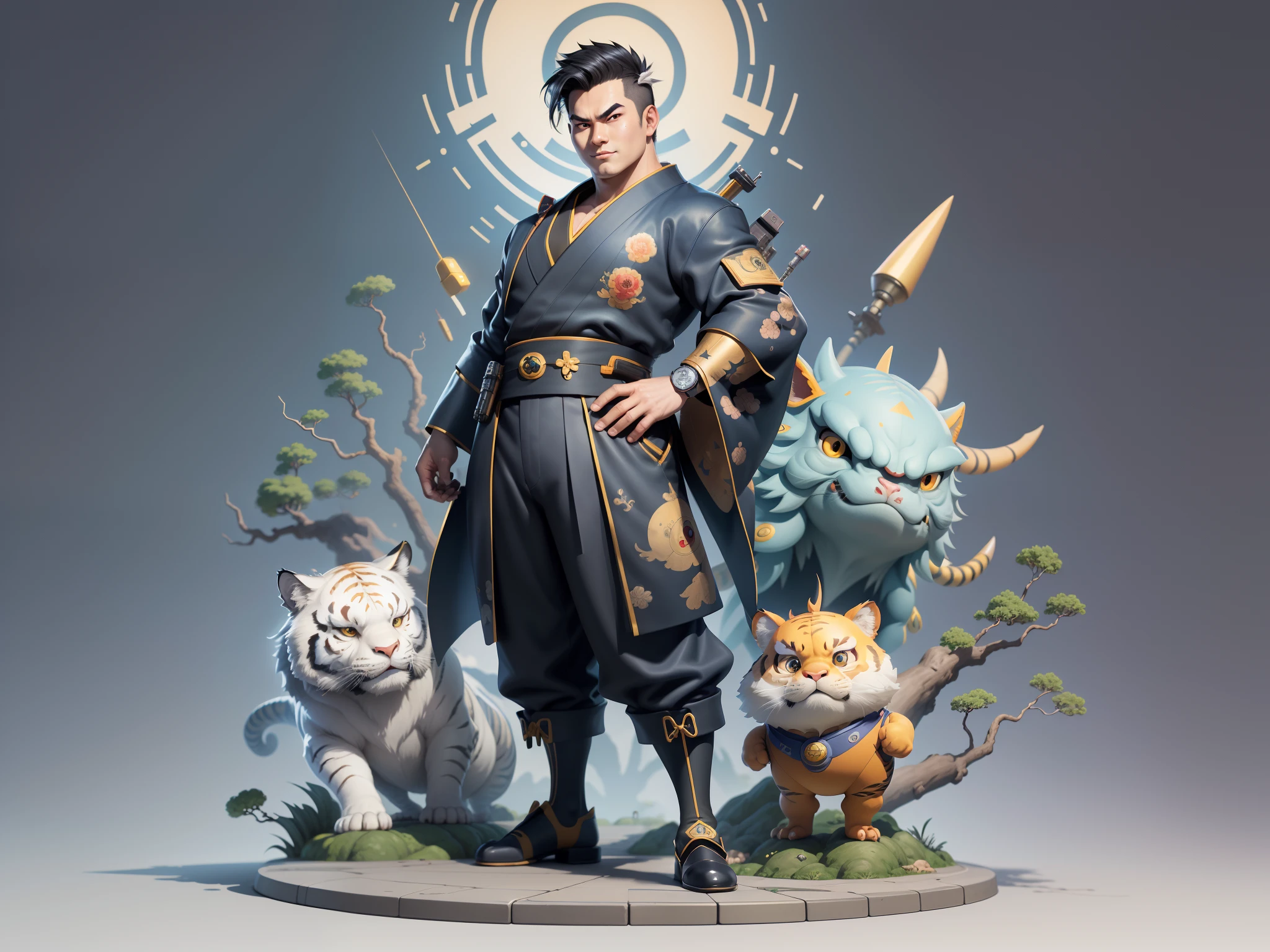 (Masterpiece), (Excellent), (Super Meticulous), (Full Body: 1.2), Super Young Man, Oriental Face, Japanese Kimono, Japanese Wind Thunder God, Dragon, Tiger, TV Anchor, Bust Portrait Illustration, Alone, Black Suit, Blue Tie, Slightly Chubby Face, Very Clean Face, No Beard, Black Super Short Hair, Black Eyes, Confident Smile, 3c Computer Sub-Products, iPad, iPhone, Digital Painting, 3D Character Design by Akira Toriyama and Mark Claireden and Pixar and Hayao Miyazaki, The illustration is a high-definition illustration in 4K resolution with very detailed facial features and cartoon-style visuals.