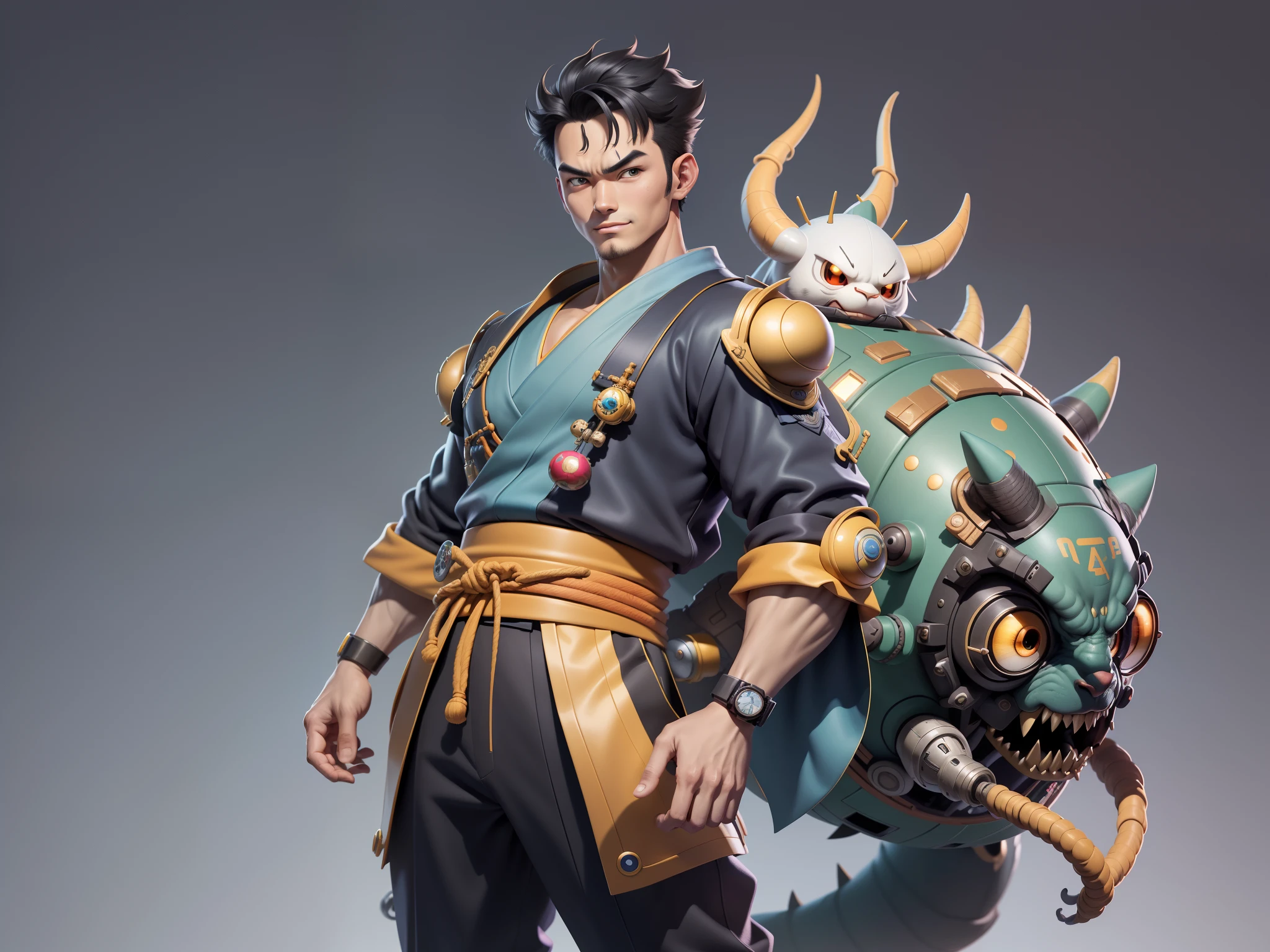 (Daisaku),(Need),(Super meticulous),(full bodyesbian:1.2),Super young man with Japanese geisha，Beautiful，Oriental dragon，Aeolian Thor，Raised sexy，爆乳，Oriental face，TV Anchor，Bust portrait illustration，In black suit，a blue tie，The face is slightly chubby，The face was clean，without a beard，Black super short hair，Black eyes，Smile confidently，3C computer sub-products，iPad， iphone，Digital painting，3D character design by Mark Clairen and Pixar and Hayao Miyazaki and Akira Toriyama，The illustration is a high-definition illustration in 4K resolution，With very detailed facial features and cartoon-style visuals。