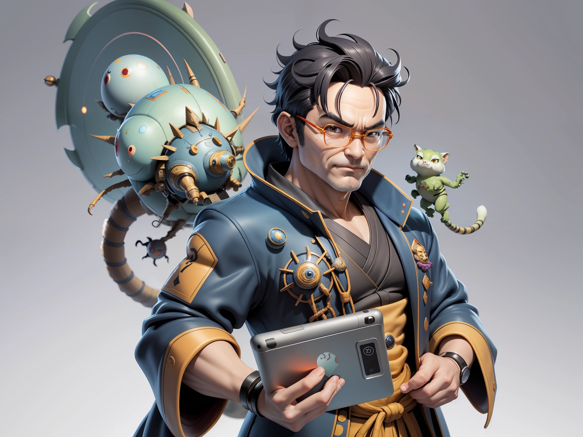 (Masterpiece), (Excellent), (Super Meticulous), (Full Body: 1.2), Super Young Man, Oriental Face, Japanese Kimono, Japanese Wind Thunder God, Dragon, Tiger, TV Anchor, Bust Portrait Illustration, Alone, Black Suit, Blue Tie, Slightly Chubby Face, Very Clean Face, No Beard, Black Super Short Hair, Black Eyes, Confident Smile, 3c Computer Sub-Products, iPad, iPhone, Digital Painting, 3D Character Design by Akira Toriyama and Mark Claireden and Pixar and Hayao Miyazaki, The illustration is a high-definition illustration in 4K resolution with very detailed facial features and cartoon-style visuals.