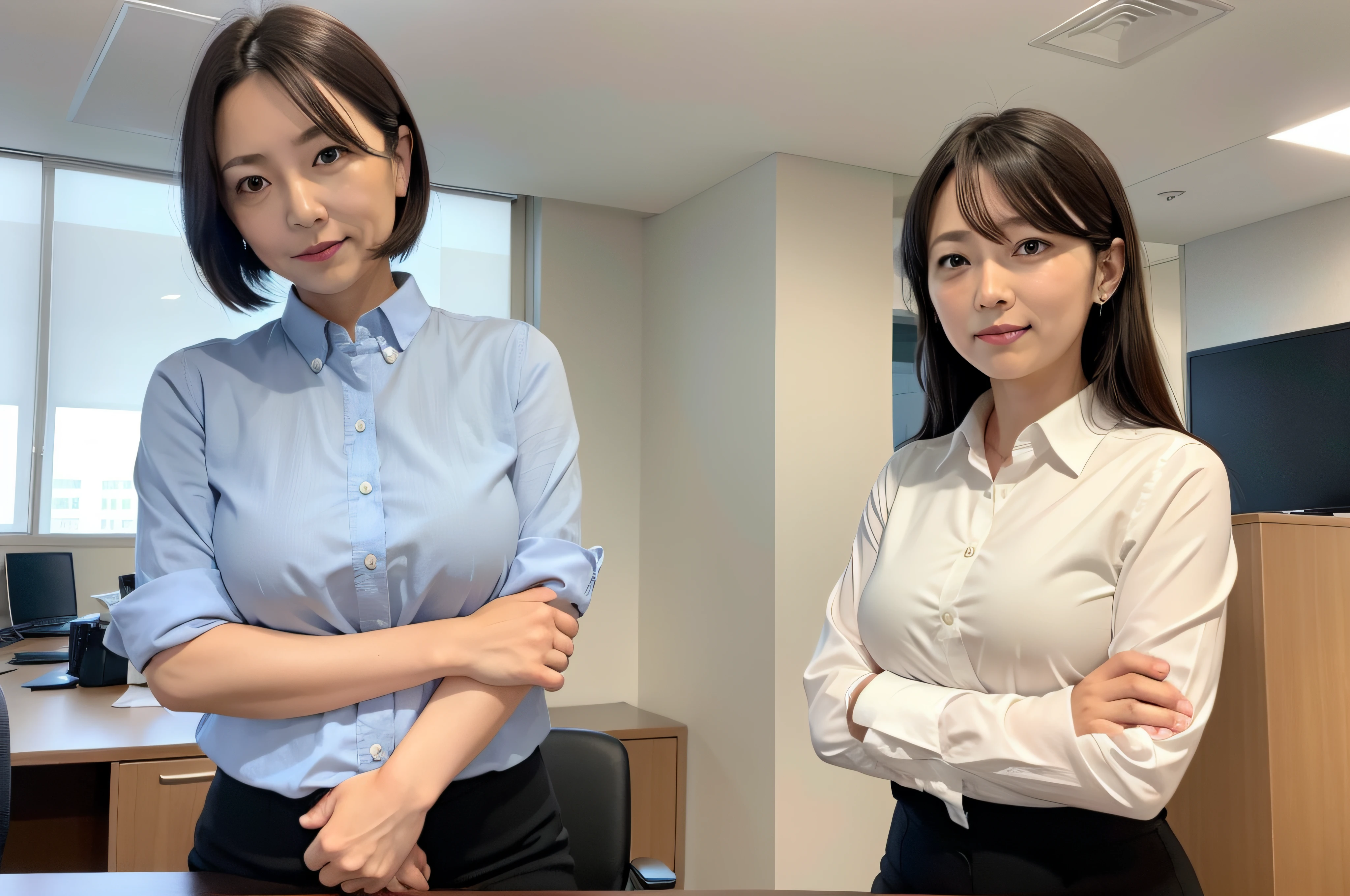 CEO of happy middle aged businesswoman、Standing in office with arms crossed。japanes。soio。