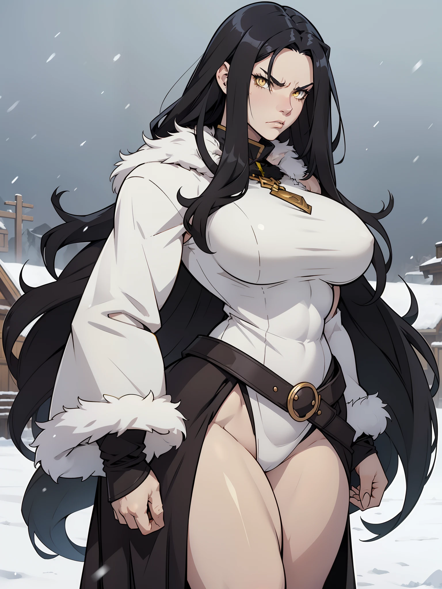 (1girl), black hair, extremely long hair, yellow eyes, (((muscular))), huge breasts, thick thighs, solo, angry, (pale skin), cowboy shot, (fur trim coat), snow, fur trim clothes