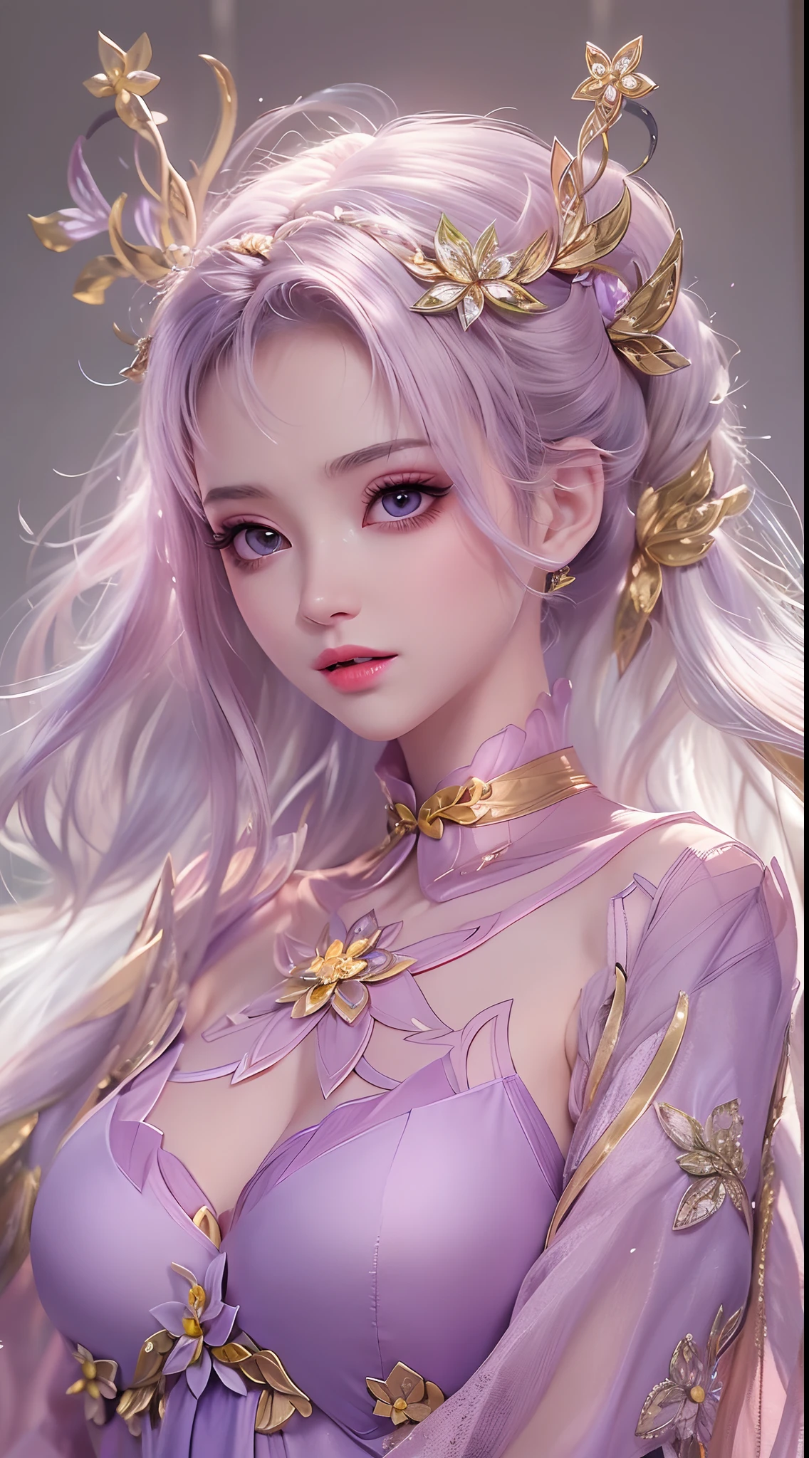 1 20 year old girl, 1 goddess Athena, pink purple silk dress, beautiful goddess Athena face without blemishes, delicate yellow nightgown, long thin sequin nightgown with many sexy black lace details, female saint legend, female saint icon, beautiful goddess style glitter, dark and mysterious version, vermilion lips, plump red lips, not smiling, mouth closed, detailed and delicate images beautifully, delicate and beautiful lip detail, (pure and flawless face: 1.9), female saint body, moderate breasts, ((Super Breast Lift:1.4)), breasts are round and regular,super tight breasts, phoenix brooch, long flat bangs, (((double ponytail: 1.8))), flower stickers tattoo on forehead, beautiful clear face and well-proportioned eyes, (light purple eyes: 1.8), (big round eyes and makeup, sexy wet eye makeup, very beautiful and meticulous hair makeup, long and delicate blonde hair, delicate, body image: 1.8), figure: and vivid, (stars that make up the sky: 1.7), (the sky of heaven and the fictitious gate of time and space: 1.8), fictional art, RAW photos, hanfu photos, best photos, high resolution, best quality, best photos, best goddess quality, 8k female, super 8 single saint portraits, truest color schemes, masterpieces, best beauty brands, best hair jewelry, brand real photo, dark studio, border light, two-tone lighting, (rose white skin: 1.4), (high skin detail: 1.1), 8k uhd, soft light, 8k, high quality, candid, volume Smooth and sharp, 10x pixel increase, sexy goddess, (background space: 1.8), (most beautiful aurora eyes: 1.7), beautiful eyes, aurora beautiful and flowery, (beautiful single girl: 1.8), (more details:0.8),