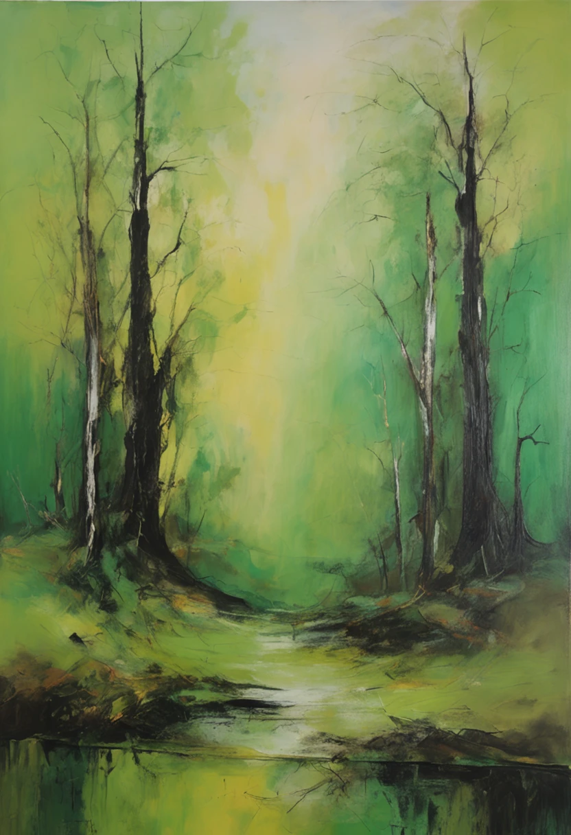 spooky forest of the damned, black tones, oil painting, pastel greenish light color