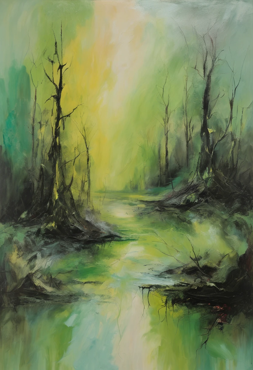 spooky forest of the damned, black tones, oil painting, pastel greenish light color