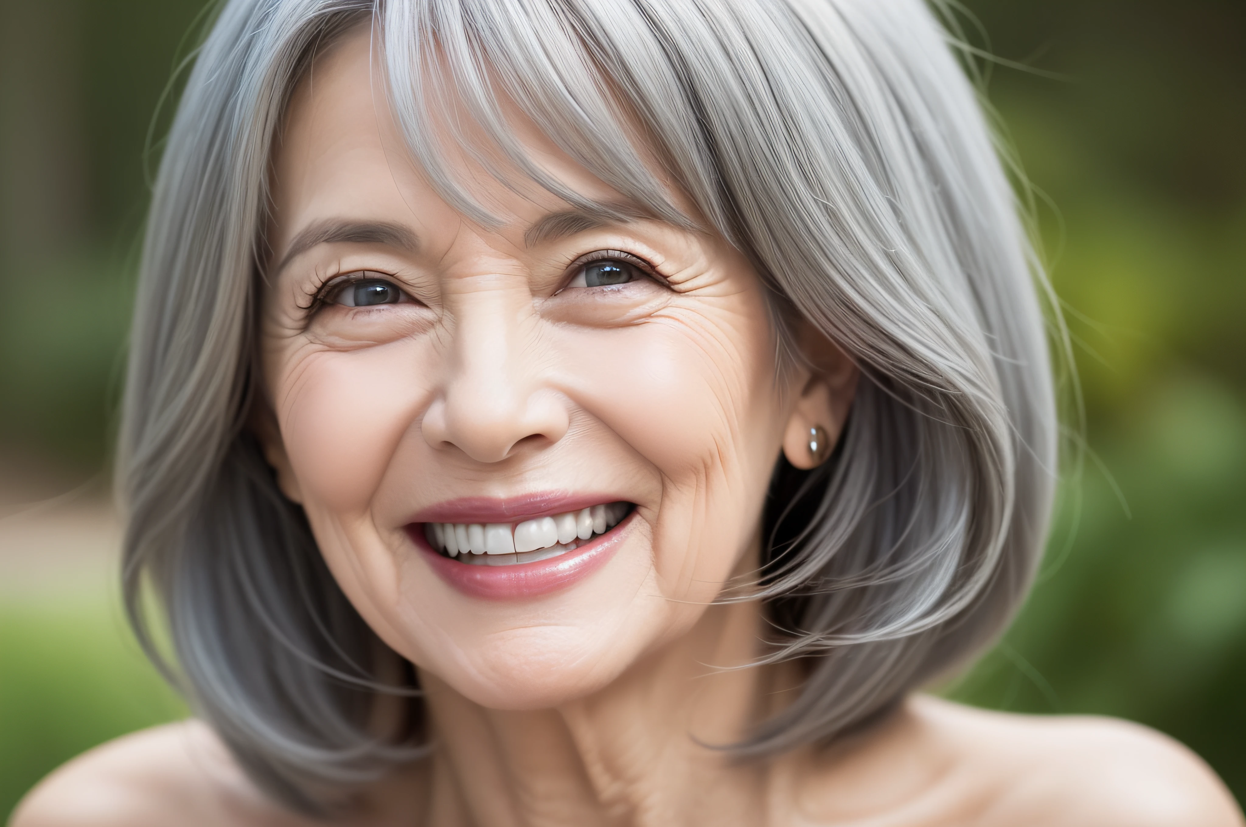 Beautiful gorgeous 50s mid age beautiful elderly senior model woman with grey hair laughing and smiling. Mature old lady close up portrait. Healthy face skin care beauty, skincare cosmetics, dental.