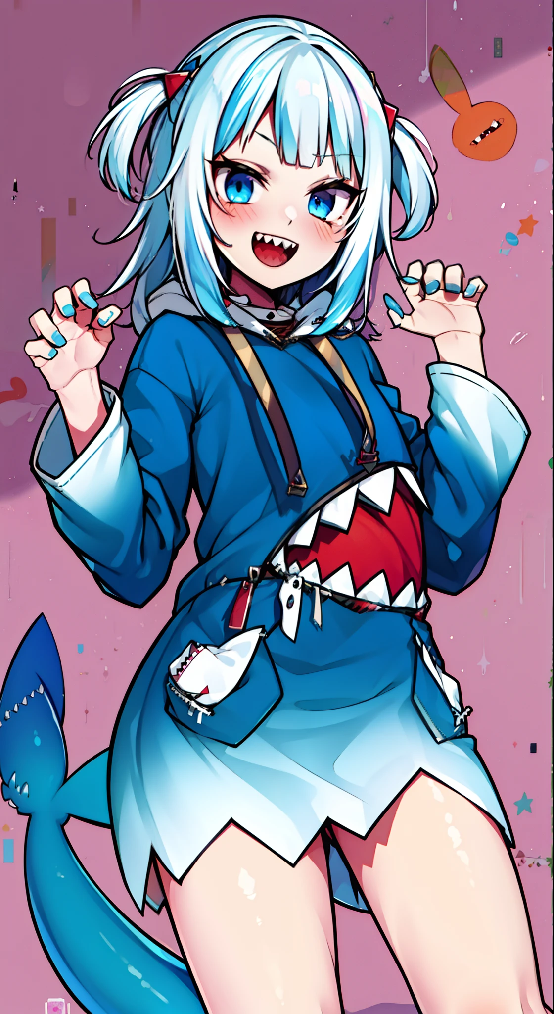 2D, ​masterpiece, top-quality, animesque, ighly detailed, full body Esbian, 1girl in, 独奏, bocchi_Hoodie, Blue Hoodie, two side up, shark hair ornament, sharpteeth, :D, Shark tail, bare-legged,  mare