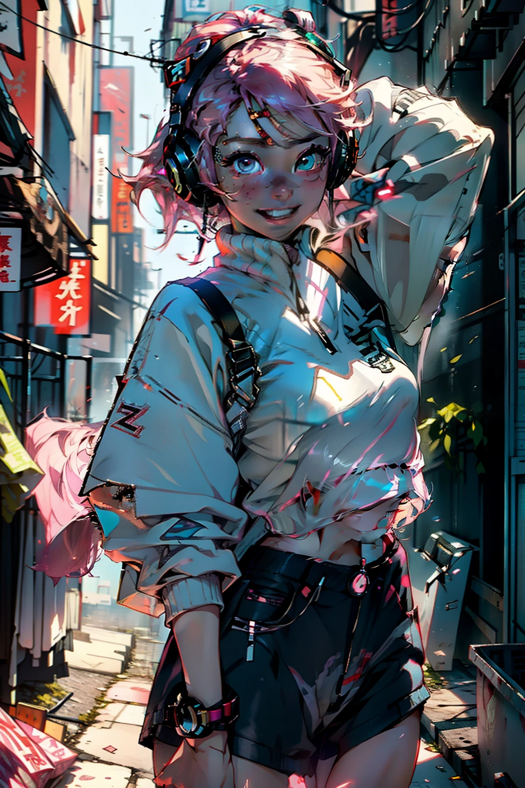 headphones、Cinematographic lighting、Good gals on both sides、Looking here、Urban background、Neo Gal、Sanpaku eyes、A pink-haired、Black eye、Jersey style clothes、Genki Woman、full body Esbian、gals、winc、Neo Gal、Building Street、Near future、the wind、Korean-style clothing、Kpop Idol、bobhair、Cheerful、Good mood、Smile、Dancing, squinting and smiling