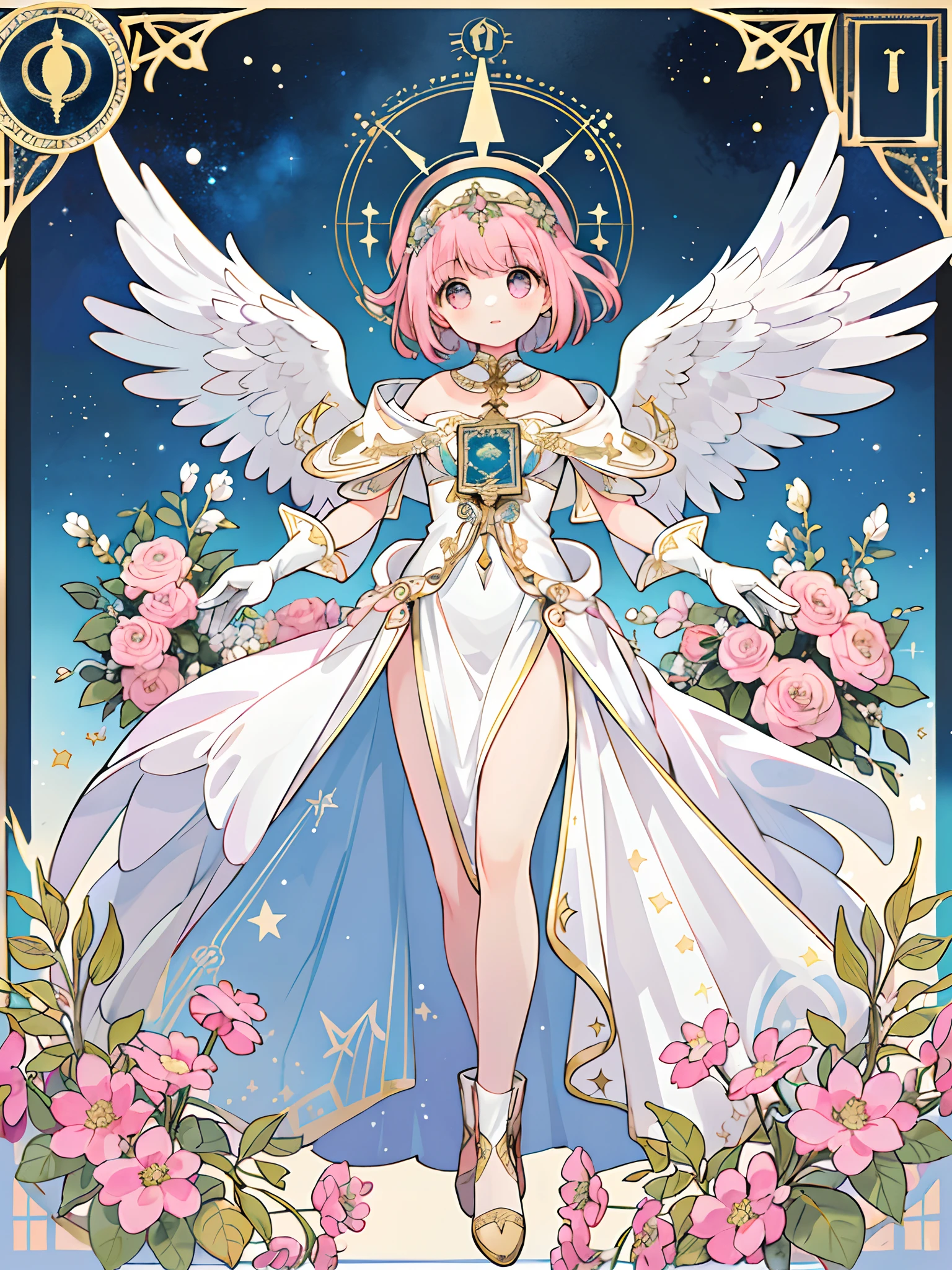 ((masterpiece,best quality)),(1girl, solo:1.4),beautiful detailed eyes, vivid, cinematic light, full_body, pink_flowers, (tarot_card), intricate, detailed background, looking_at_viewer, Madoka Kaname, hands reaching out, (flat chest), (walking), casual pose, posing, (white_gloves), (pink_eyes), white feathers, sparkles, glitter, celestial, outerspace, by alphonse mucha, (gold frame), halo, (tarot border)
