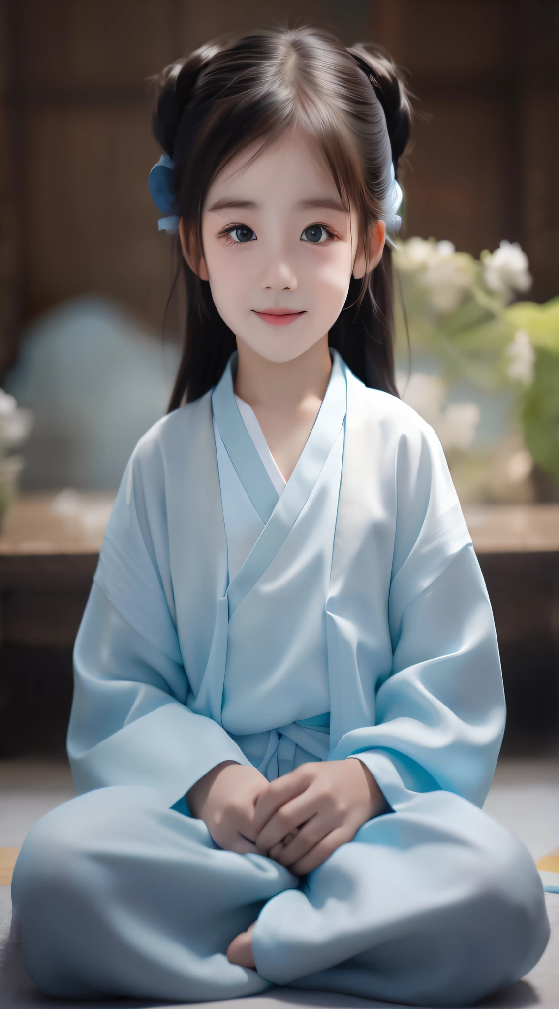 bit girl,had his hands folded,Without smiling,Light blue clothes,The mouth is closed