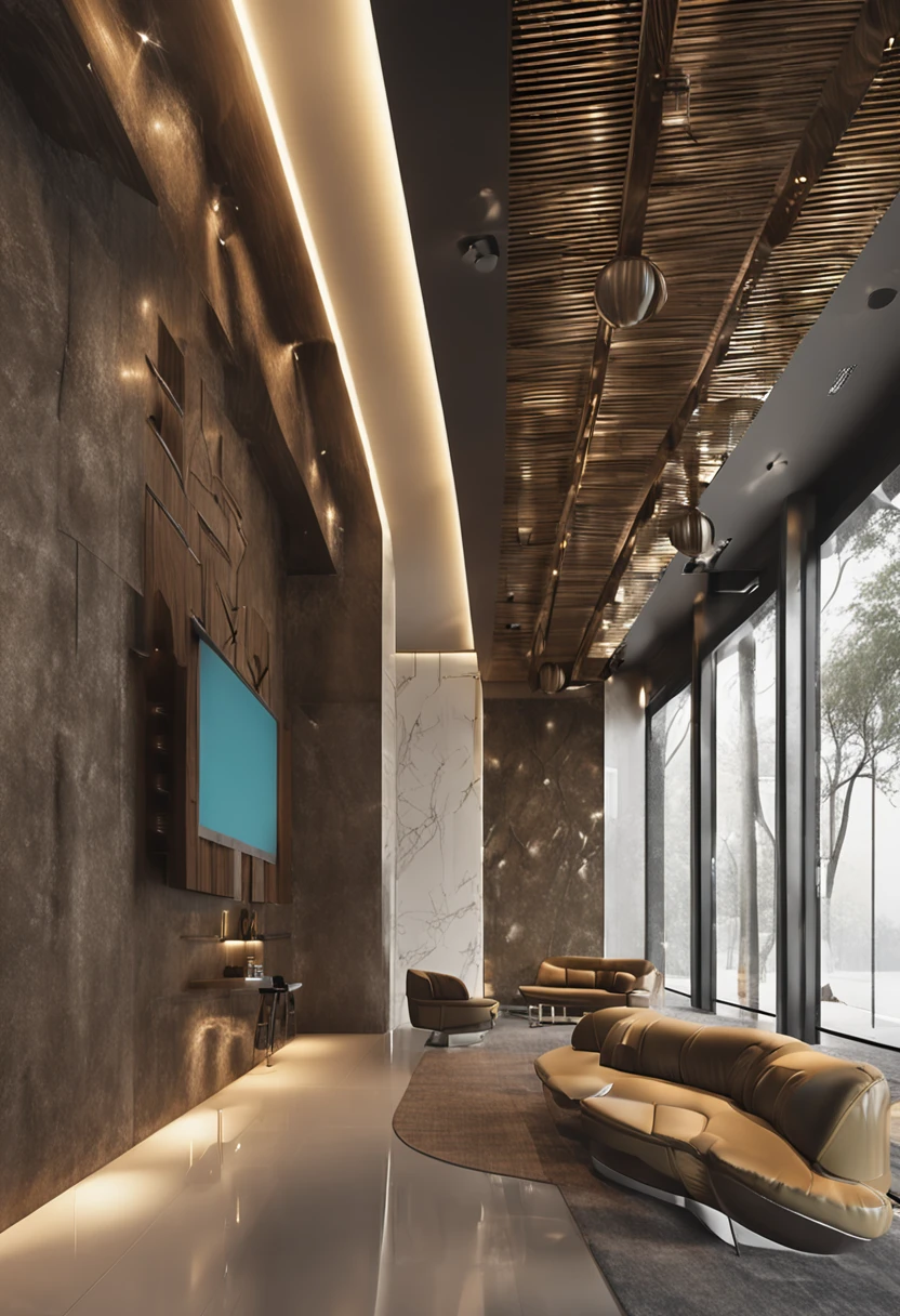 Design the decoration of a wall,The bottom of the wall is a steel plate structure,The wall size is about 10 long.5 meters,3 meters high,Located in the staff lounge area,A 41-inch TV in the middle of the wall,The TV is hanging on the wall,Humanistic care is required,Warm。Make employees feel warm。