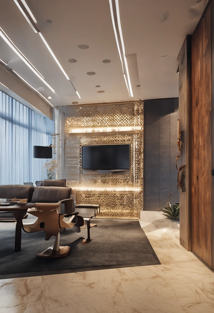 Design the decoration of a wall,The bottom of the wall is a steel plate structure,The wall size is about 10 long.5 meters,3 meters high,Located in the staff lounge area,A 41-inch TV in the middle of the wall,The TV is hanging on the wall,Humanistic care is required,Warm。Make employees feel warm。