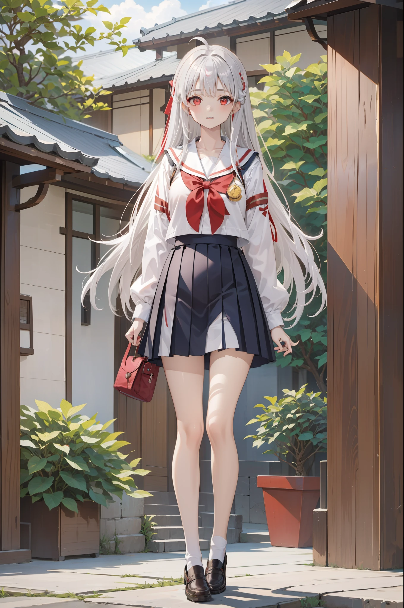 1girl,bishoujo,stare,red eyes,beautiful detailed eyes,long hair,white hair,silver_hair,Wing-like bangs,Dull hair，Issuing，ahoge,Hair rings,braid, cold,校服,Beautiful girl,full body shot shot