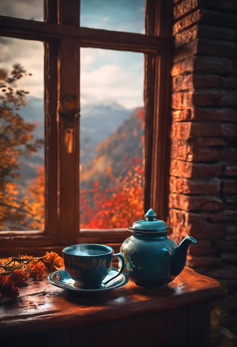 fireplace at the end of the night , cup of tea with steam, window with beautiful landscape