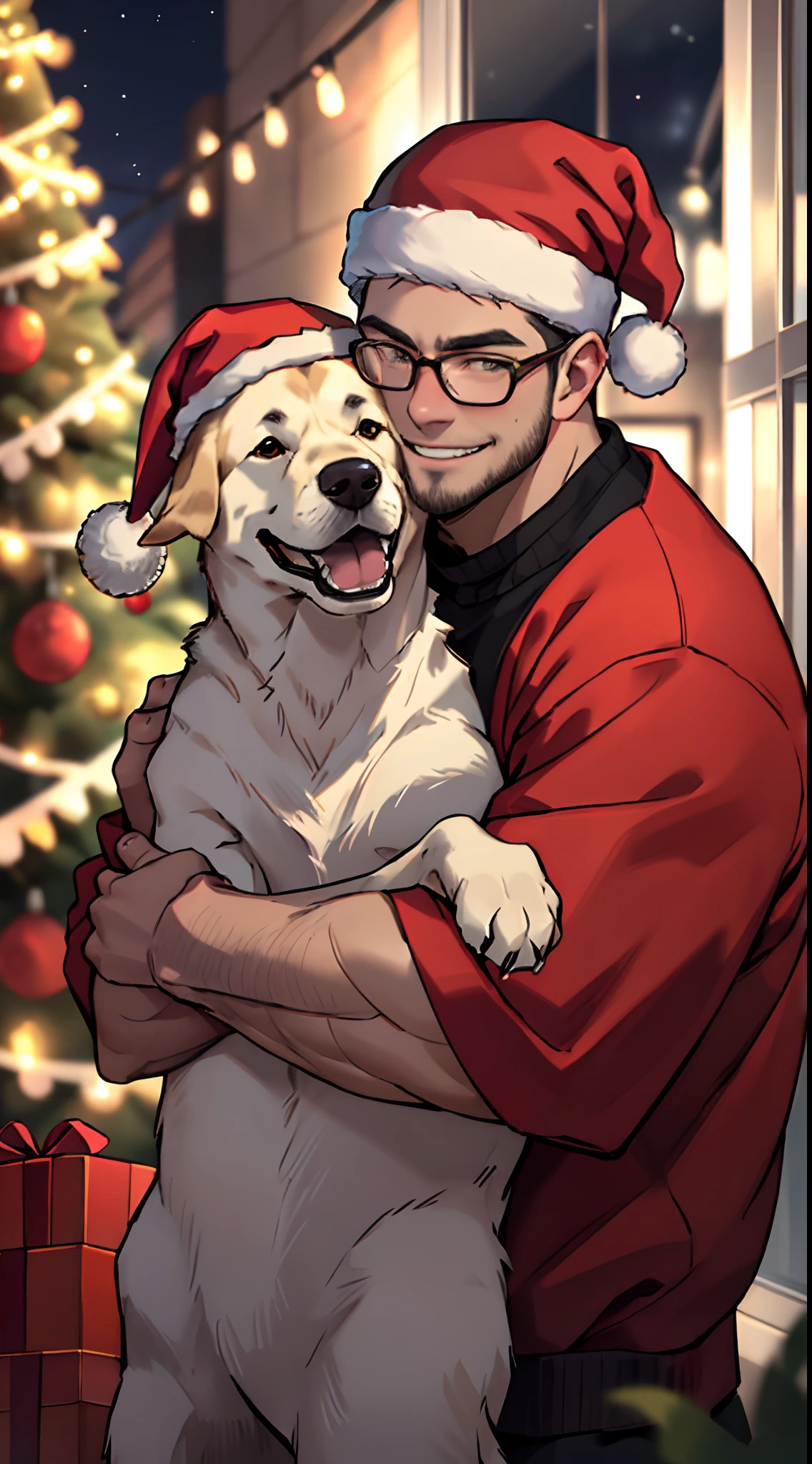 a man with a beard and a Golden retriever dog, the man wearing glasses, all wearing red Santa's hat, red sweater, standing in an apartment, Christmas, night time, window, Christmas tree in the background,the man carrying and hugging the dog, the high well detailed, face focus, happy smile, happy dog, heart-warming, seen from the front