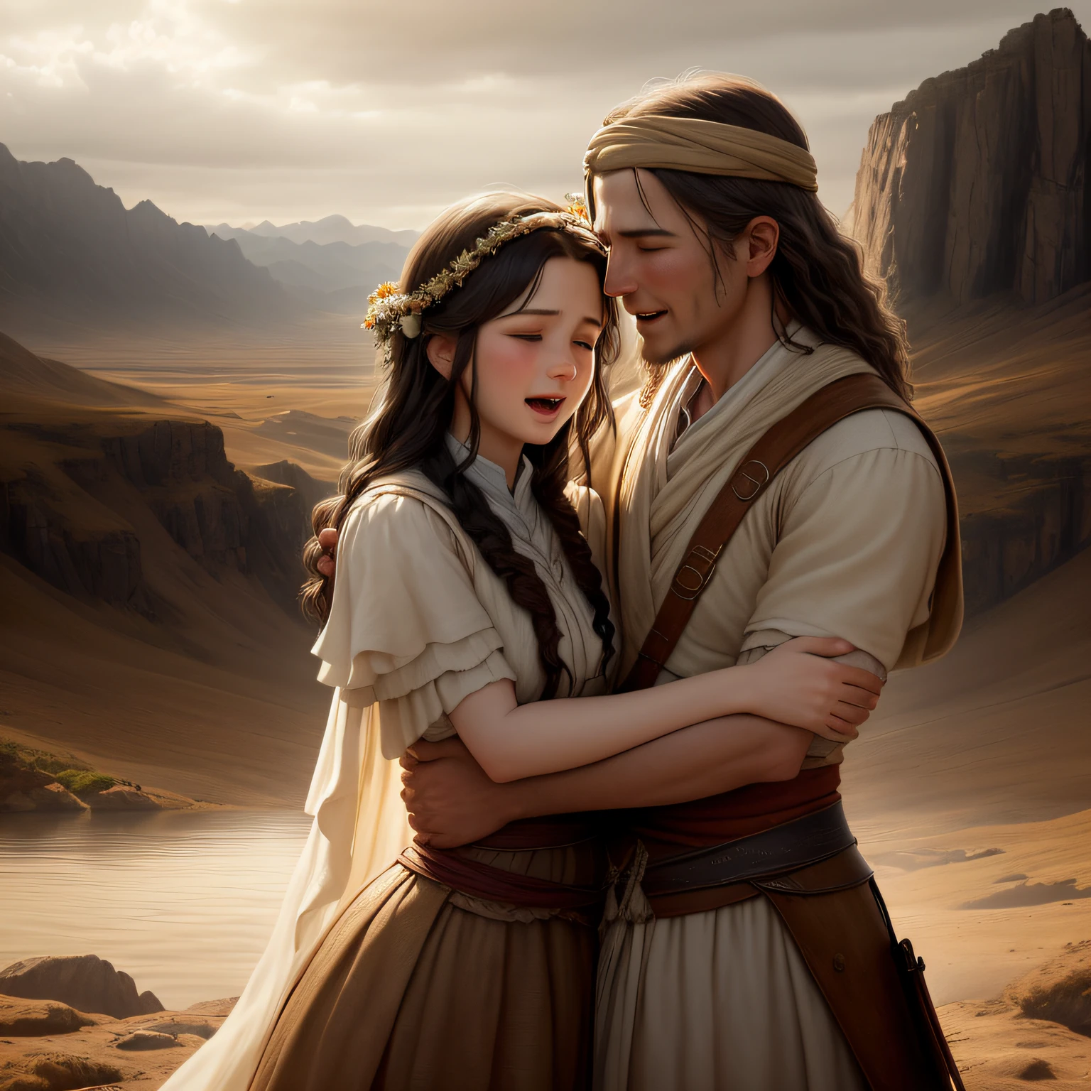 Describe the intense emotion captured in this historic image. Imagine yourself transported to the time of Moses, where a man and woman meet in a warm embrace. They seem to be celebrating a special moment or maybe getting back together after a long separation. Describe the expression of joy, relief or love on their faces. Explore the atmosphere around them, painting a vivid picture of the historical environment. Super cinematic realistic in 4k