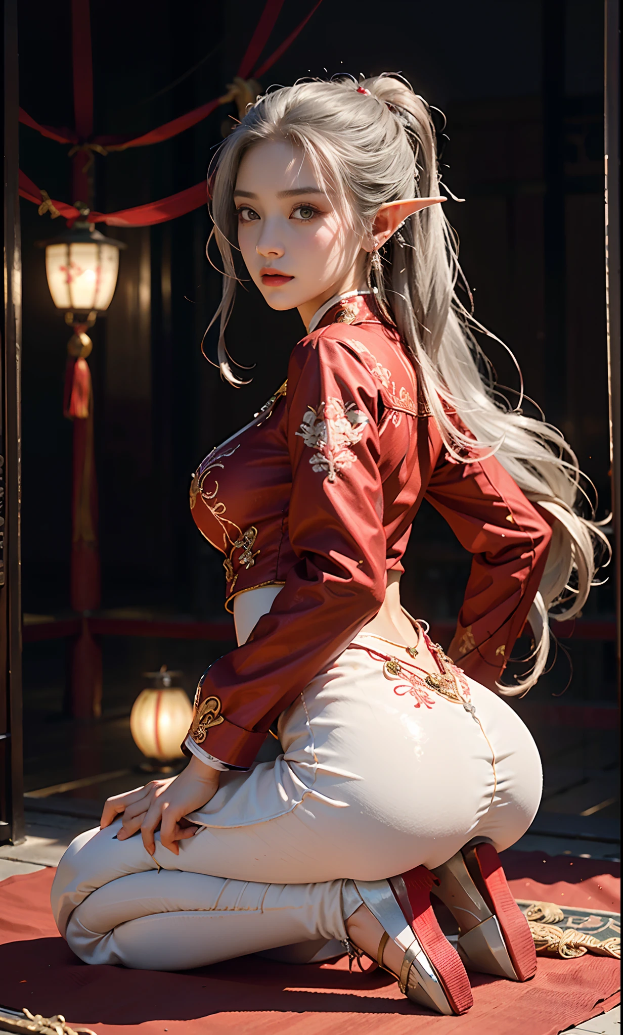 （Redcoat：1 silver-haired girl, Close up）， tmasterpiece， best qualtiy， RAW photogr， realisticlying， the face， Incredibly Ridiculous res， Beautiful elf beauty， ear studs，(Kneeling pose,Point at you with your ass )(Long silver hair)， (Red wedding dress+)，Chinese silk long dress，(Red cloth shoes，Embroidered cloth shoes+)，depth of fields， A high resolution， ultra - detailed， filigree， RAWE is very detailed， very detailed eyes and faces， Sharp pupils， realistic pupil， tack sharp focus， cinmatic lighting，full bodyesbian，Bigboobs，long leges，From the front side，ancient Chinese town，Lanterns，Tanabata，Lights of all homes，A faint red glow，dynamicposes